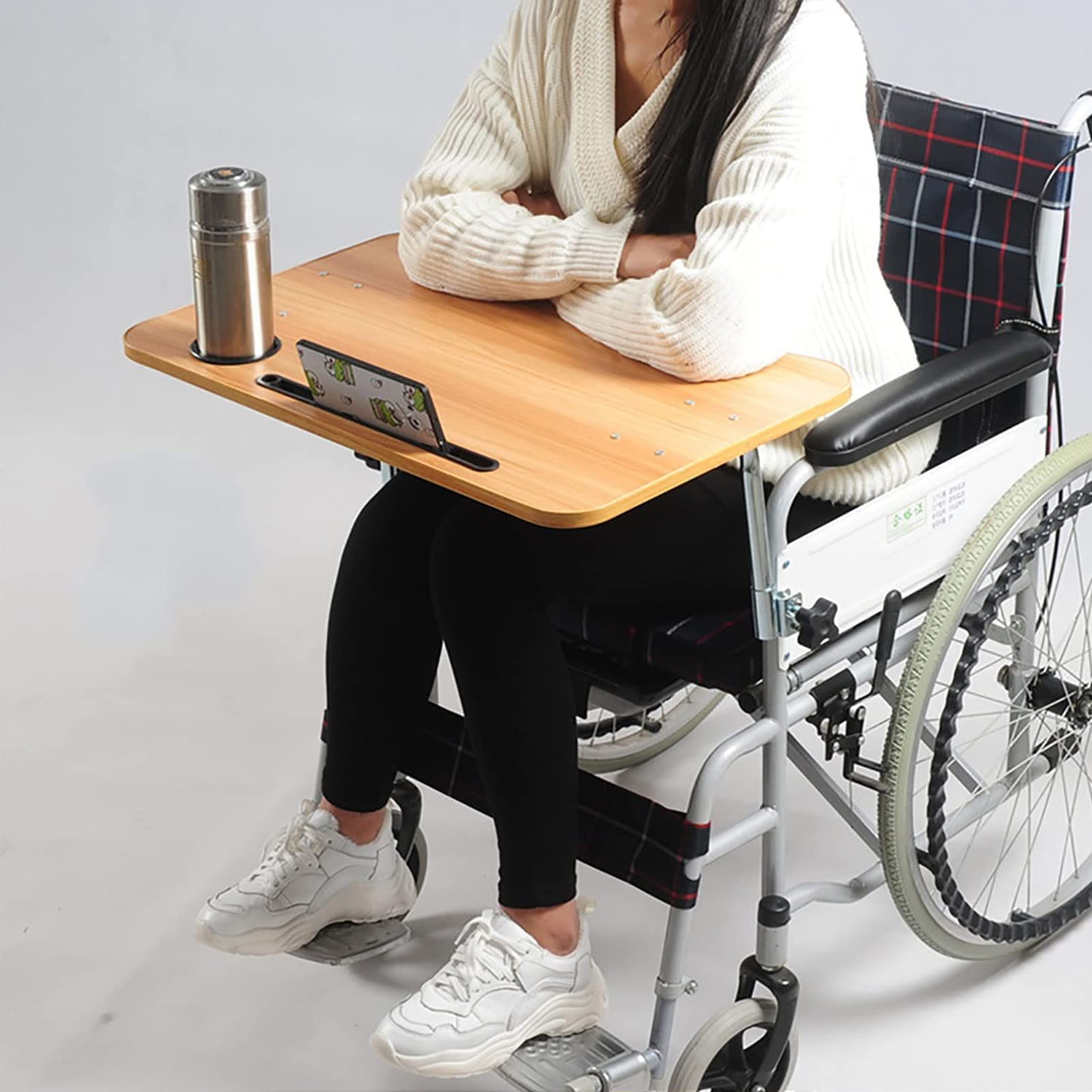 Universal Wheelchair Tray Table with Detachable Wooden Dining Board & Phone Holder - Portable Accessory for Eating, Working & Reading - Ideal for Wheelchair Users at Home or Outdoors