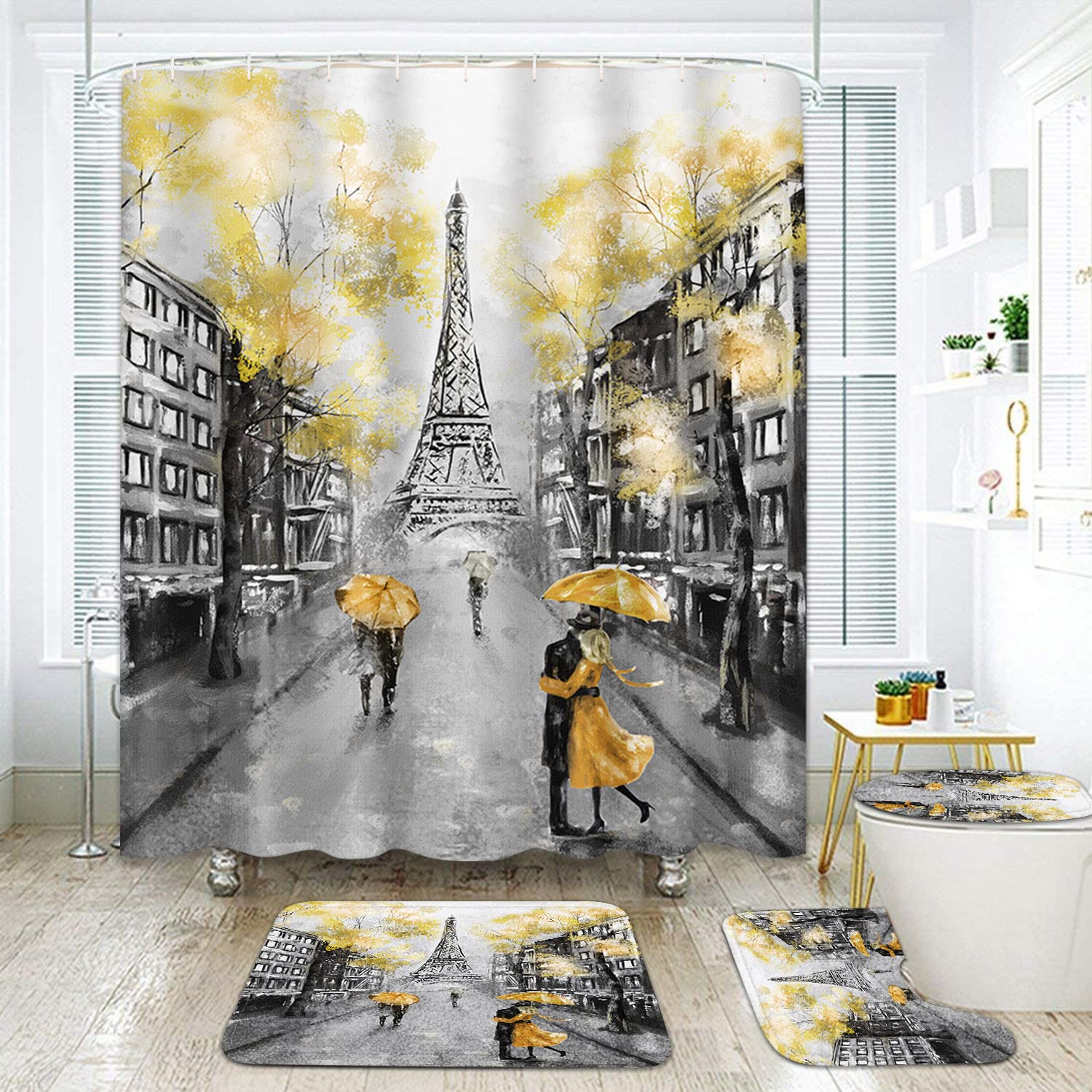 ArtSocket Paris European City Oil Painting Bathroom Set - Vintage Landscape Yellow & Black Shower Curtain with Matching Rugs (4-Piece) for Modern Bathroom Decor | Waterproof & Stylish Home Accessories