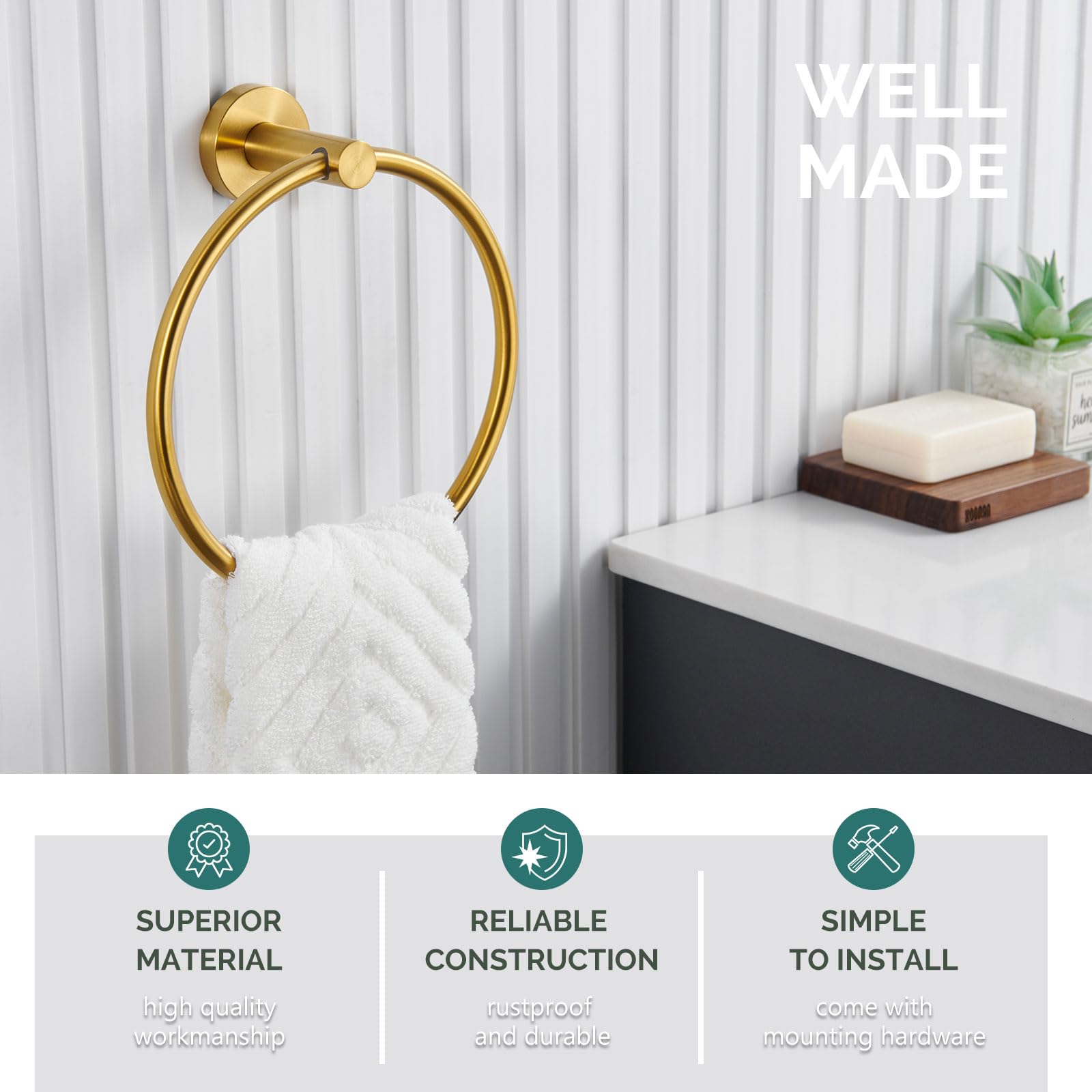 Brushed Gold Towel Ring - Angle Adjustable SUS304 Stainless Steel Wall Mounted Towel Holder - Modern Bathroom Accessory for Hand Towels, Washcloths & Spa Decor