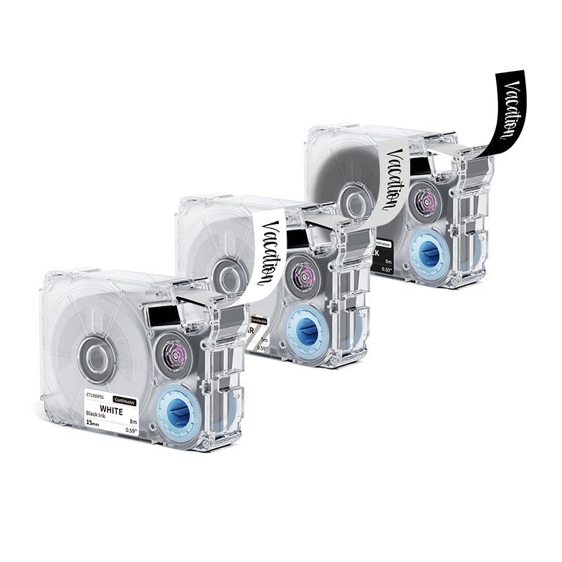 Phomemo 15mm x 8m Thermal Label Tapes - White, Black & Clear Compatible with P15/A30 Label Printers - Perfect for Shipping Labels, Barcodes & Organization