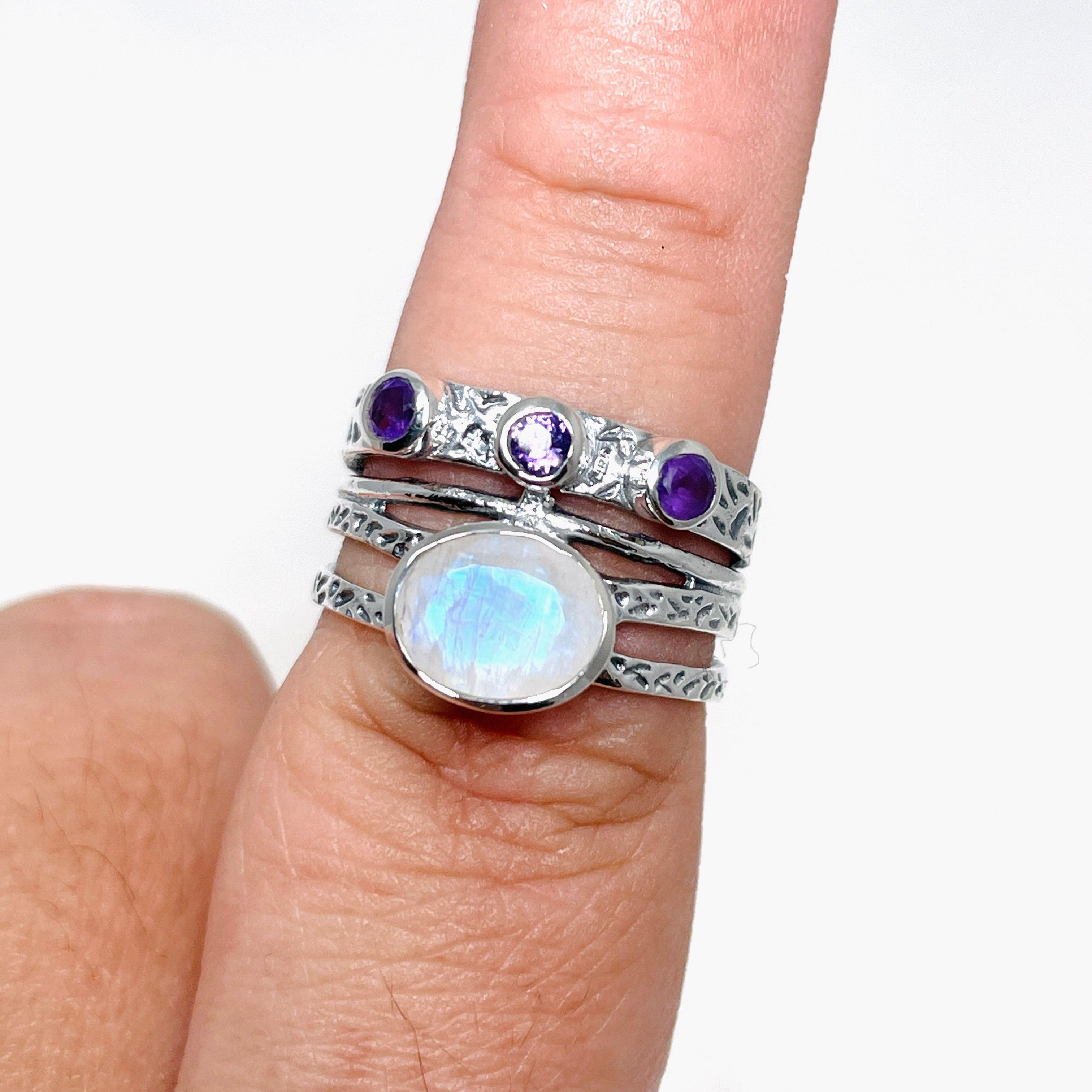 Moonstone & Amethyst Faceted Gemstone Ring R3783 - Elegant Handmade Jewelry for Women, Perfect for Weddings, Parties & Special Occasions