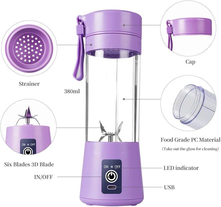 Portable USB Electric Blender Cup - Mini Personal Smoothie Maker for Shakes, Juices & Protein Drinks (7.5x7.5x23cm, Purple) | Perfect for Gym, Office & Travel