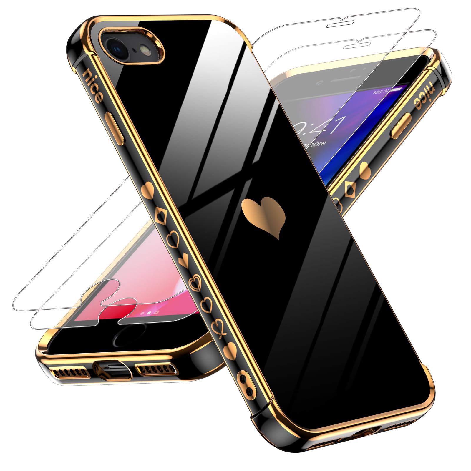 Luxury Bling Heart Soft TPU Phone Case for iPhone 7/8 with 2-Pack Tempered Glass Screen Protector - Cute Girly Women's Protective Cover for Everyday Use, Work & Travel (Black)
