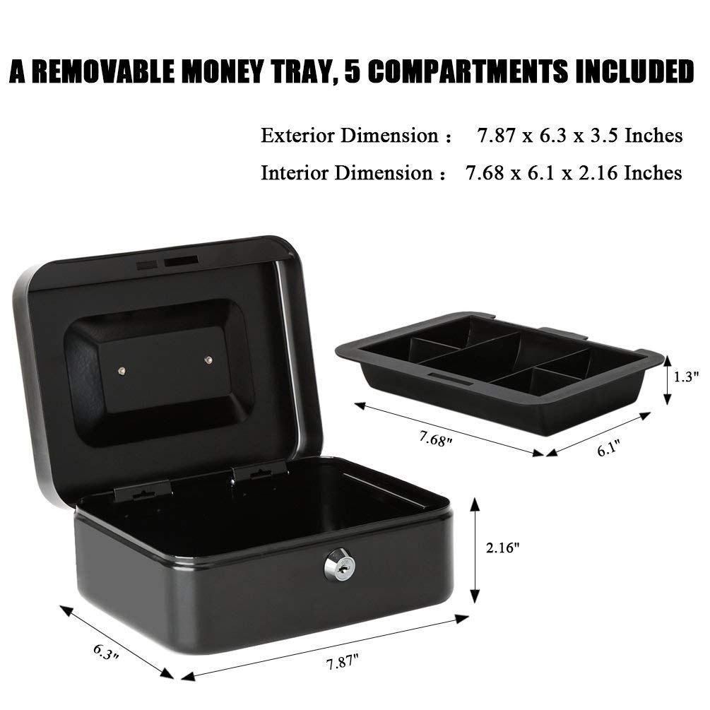 Jssmst Medium Steel Cash Box with Money Tray - Secure Lock Box for Home & Office Use - Black - Perfect for Small Business, Retail Stores, and Personal Savings