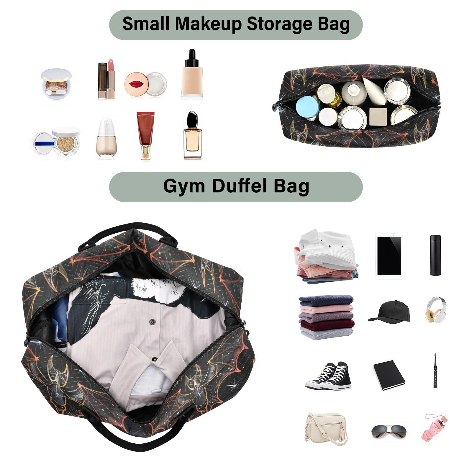 Gothic Bat Print Weekender Duffle Bag for Women - Gym, Swim & Travel Tote with Detachable Toiletry Pouch | Perfect for Workouts, Beach Trips & Weekend Getaways