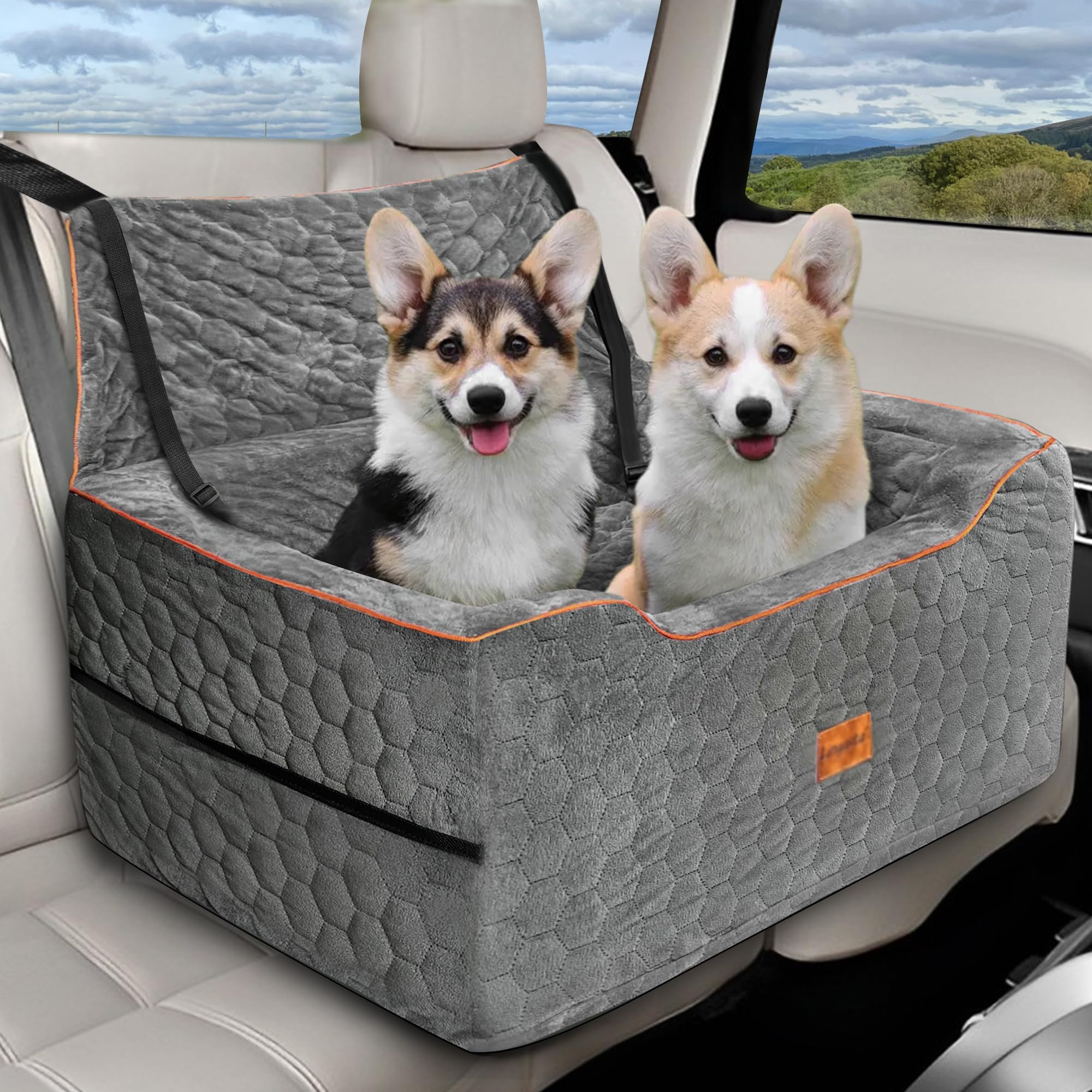 **Washable Dog Car Booster Seat for Medium & Large Dogs Up to 60 lbs – Multi-Functional Pet Travel Cushion with 2 Safety Leashes (Gray) – Perfect for Road Trips, Vet Visits & Daily Car Rides**