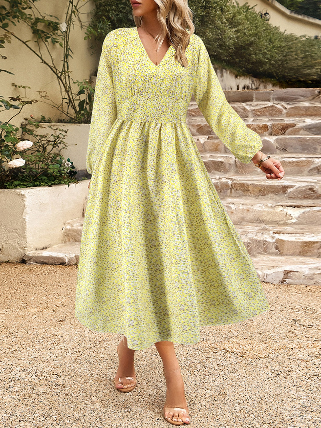Floral V-Neck Long Sleeve Midi Dress for Women - Elegant Flowy Summer Dress for Wedding, Party & Special Occasions