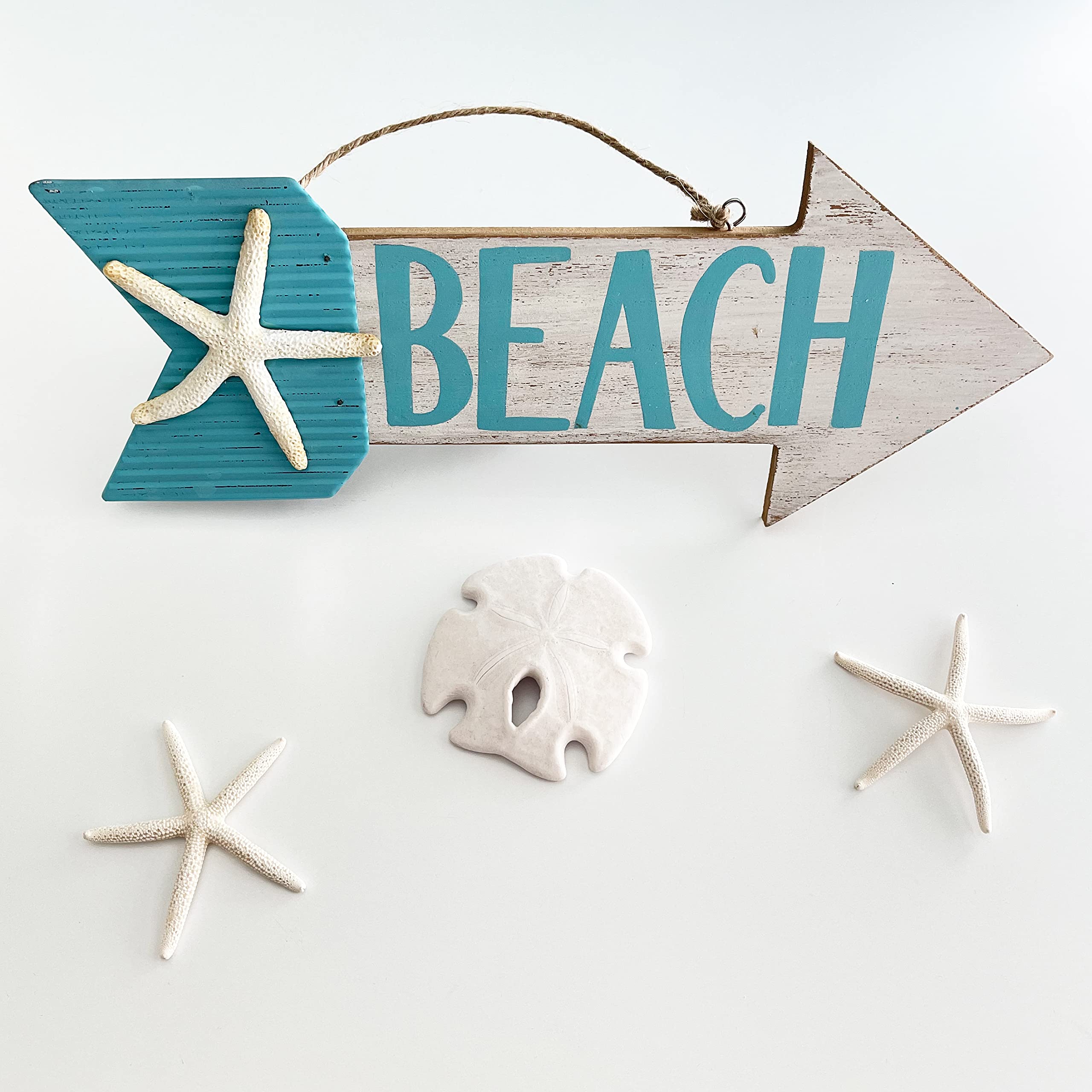 Wooden Arrow Beach Signs Wall Decor with 3D Starfish - Coastal Nautical Wall Art for Living Room, Bedroom, Bathroom - 14.25