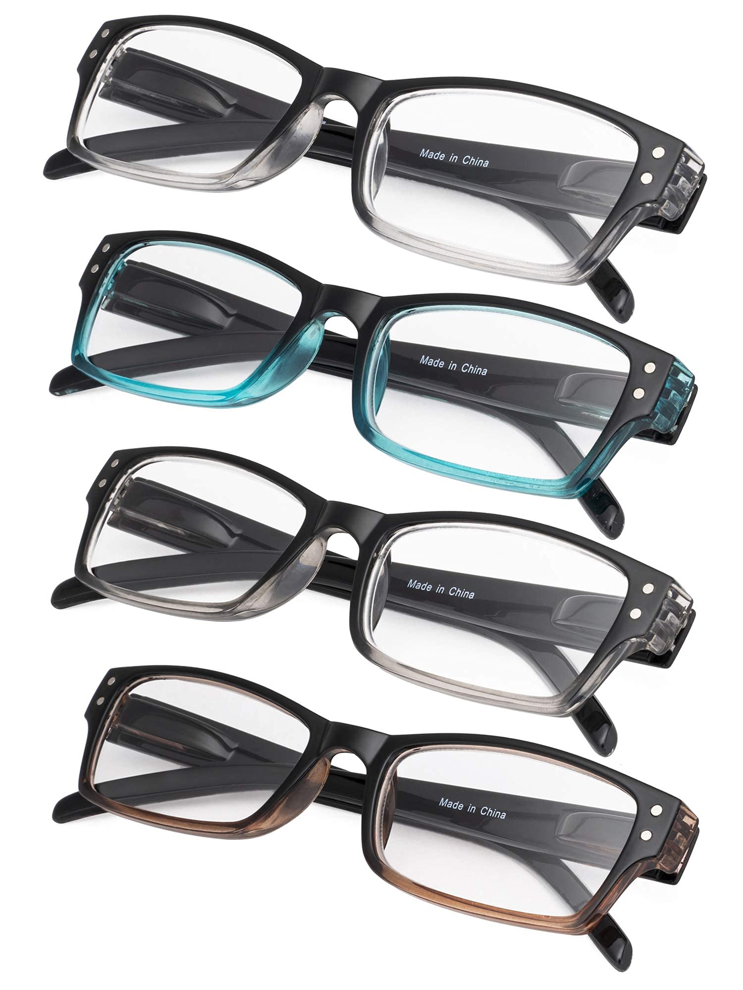 4-Pack Rectangular Reading Glasses with Spring Hinges - Blue Light Blocking & Anti-Glare for Computer, Reading & Office Use - Includes Sunshine Readers Case