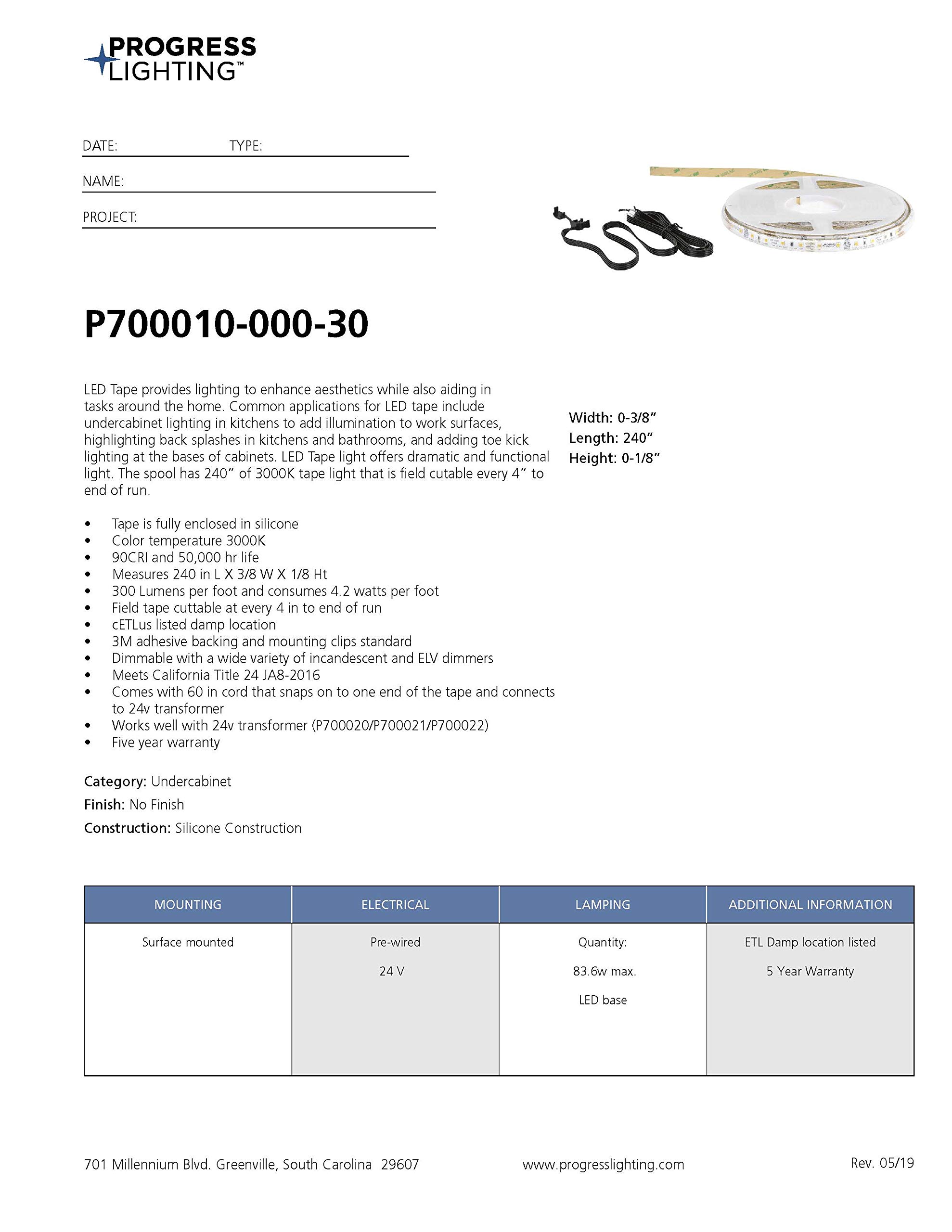Progress Lighting P700010-000-30 Hide-a-Lite LED Tape Undercabinet Light, 240