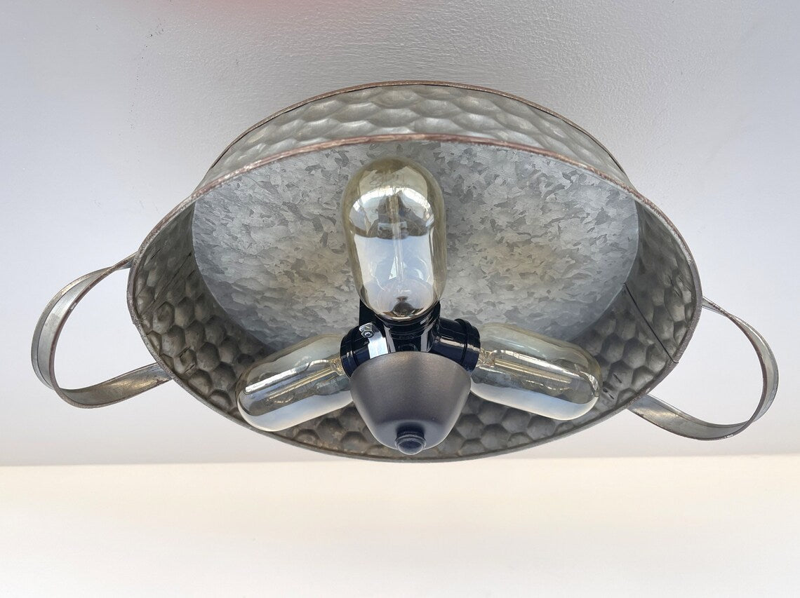 Rustic Galvanized Beehive Ceiling Light - Farmhouse Style Flat Tub Pendant for Kitchen, Dining Room, or Bedroom Lighting