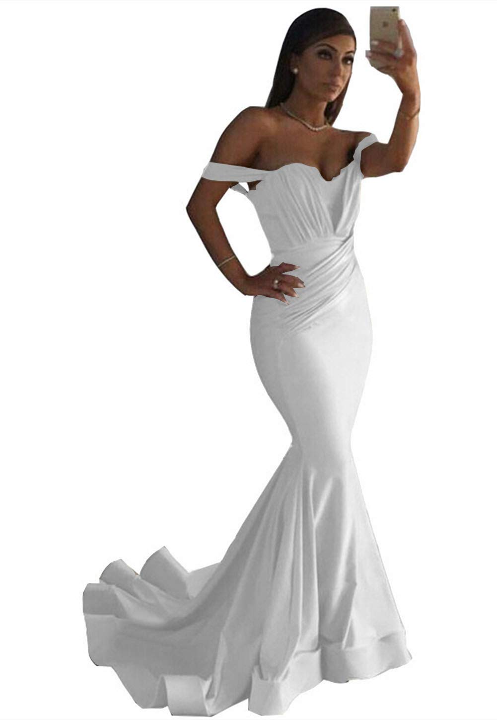 Emanni Women's Off Shoulder Mermaid Prom Dress - Satin Formal Evening Gown for Homecoming, Wedding, Party - White (Perfect for Prom Night, Cocktail Parties & Special Occasions)