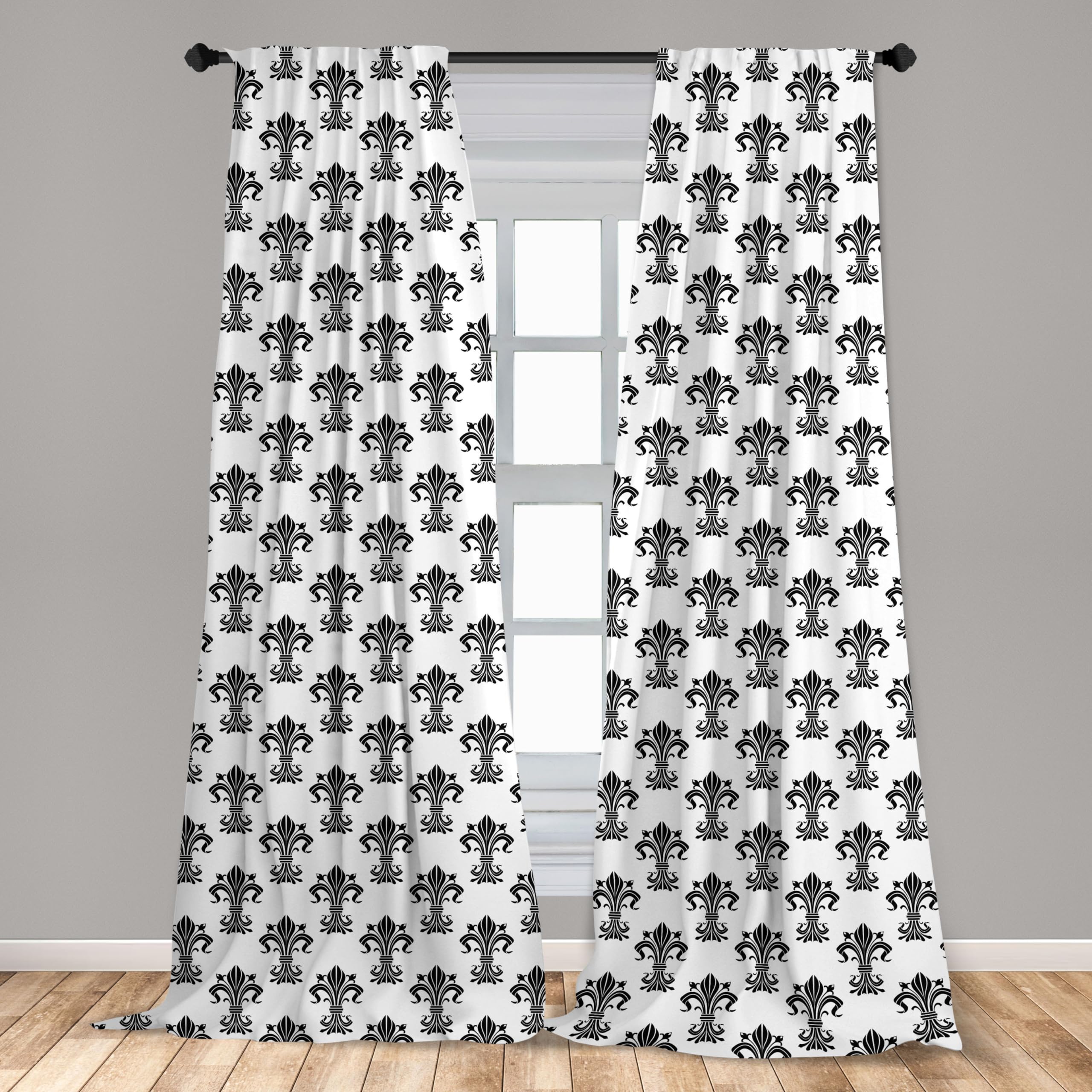 Ambesonne Fleur De Lis Window Curtains Set of 2 Panels - 28x84 Inch Black & White Historical European Heraldry Print with Iris Buds & Curved Leaves Design | Lightweight Rod Pocket Curtains for Living Room, Bedroom & Dining Room Decor