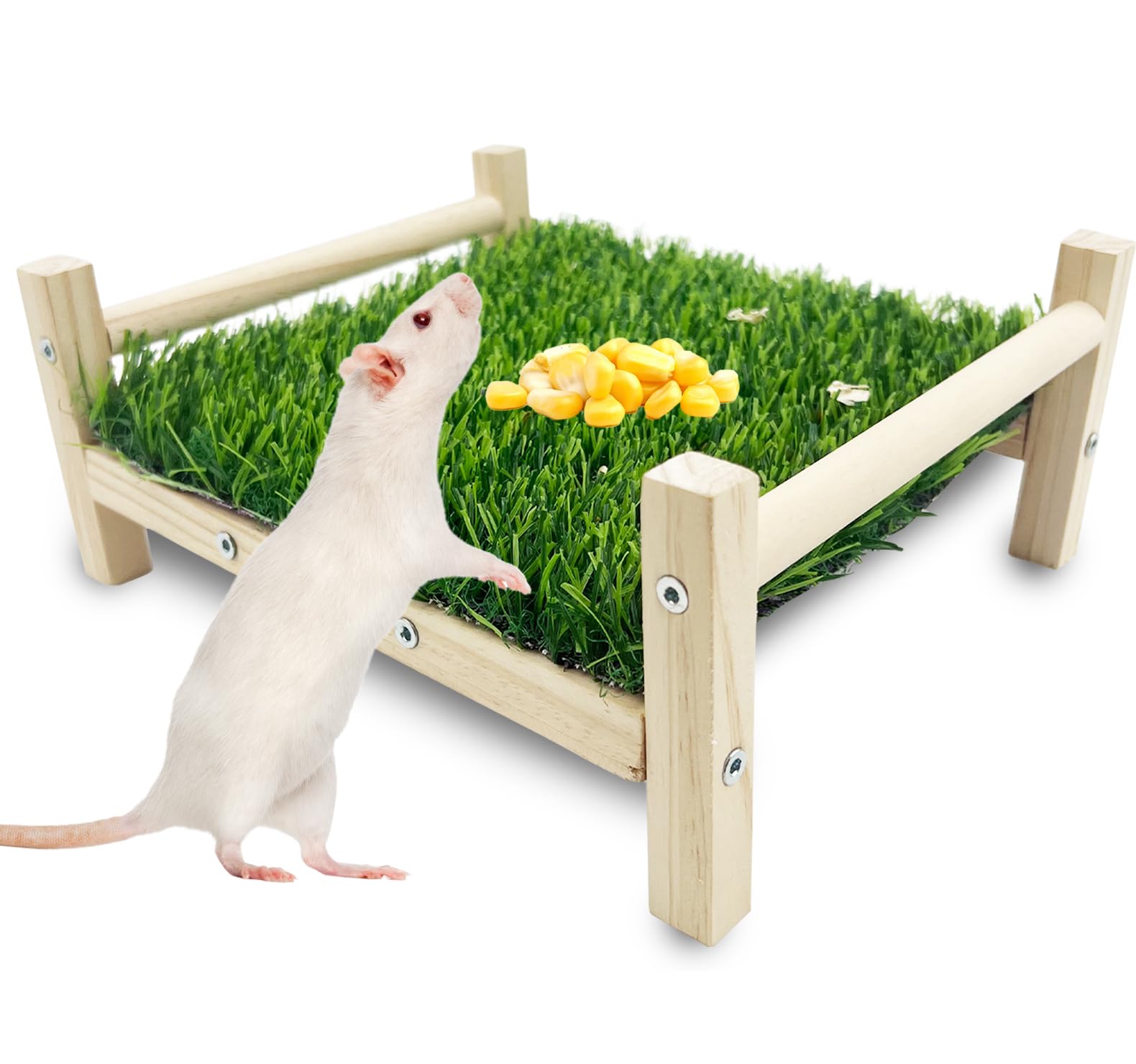 FlidRunest Wooden Rat Foraging Toys - Safe & Natural Chew Enrichment Activity for Pet Rats - Artificial Grass Foraging Mat & Hanging Bed - Perfect for Cage Entertainment & Boredom Relief - Ideal for Small Animal Mental Stimulation & Playtime