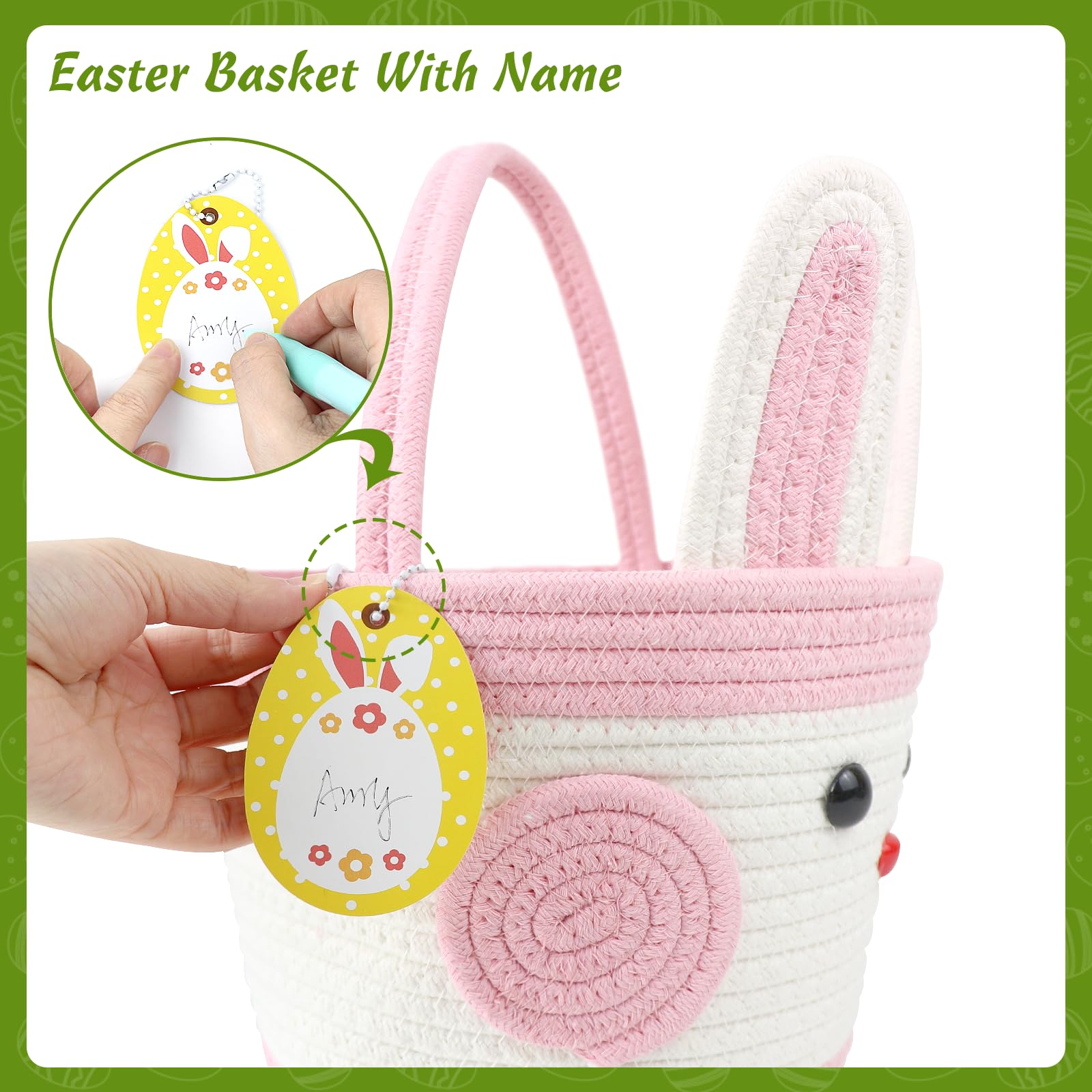 Easter Basket for Kids - 10.2 x 7.9 x 7.5 Inch Large Woven Easter Basket with Handle, Bunny Egg Basket for Boys Girls Toddlers (Pink) - Perfect for Easter Egg Hunts, Party Favors, and Spring Decorations