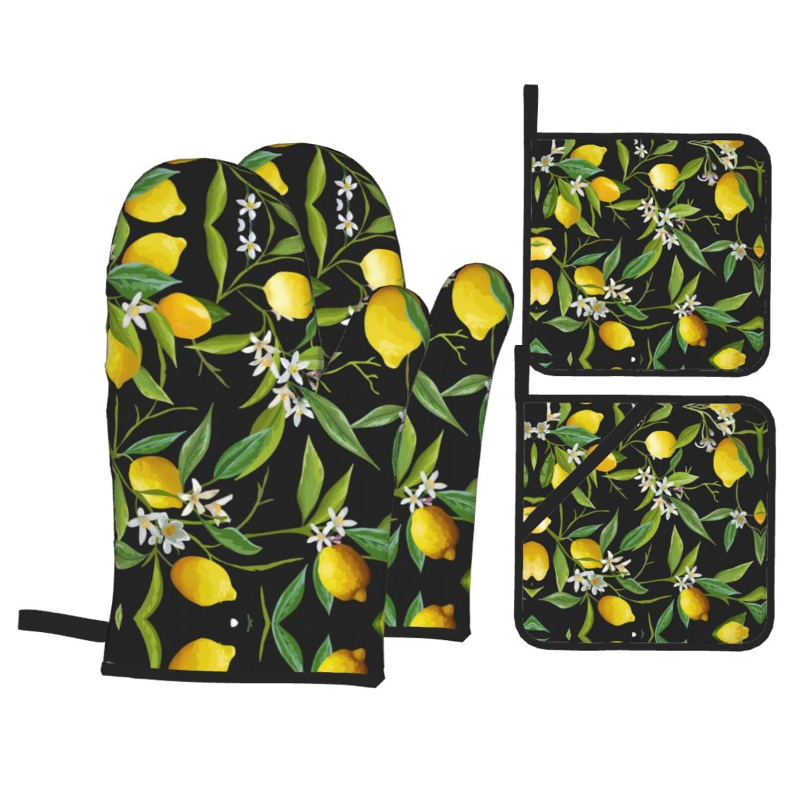 Heat Resistant Lemon and Flower Oven Mitts - Kitchen Baking Gloves for Cooking, BBQ & Pot Holders - Perfect for Baking, Grilling & Hot Dish Handling