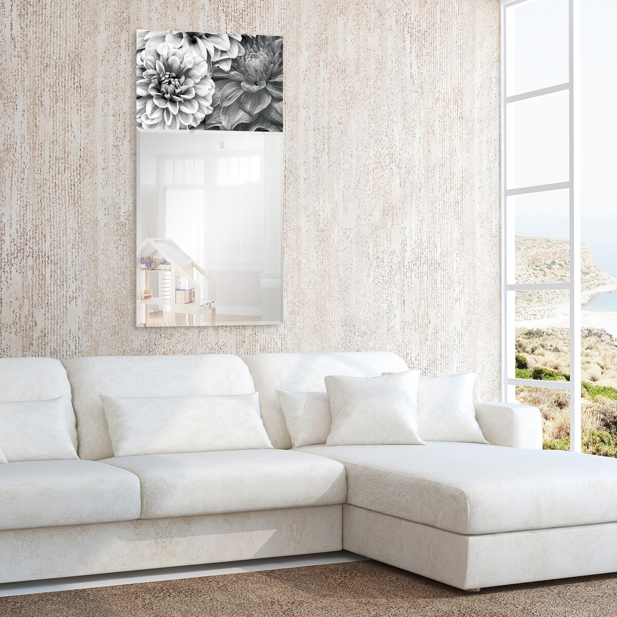 Blossoms Rectangular Beveled Mirror - 24x48 Inch Free Floating Printed Tempered Glass Wall Mirror - Elegant Home Decor for Living Room, Bedroom & Entryway