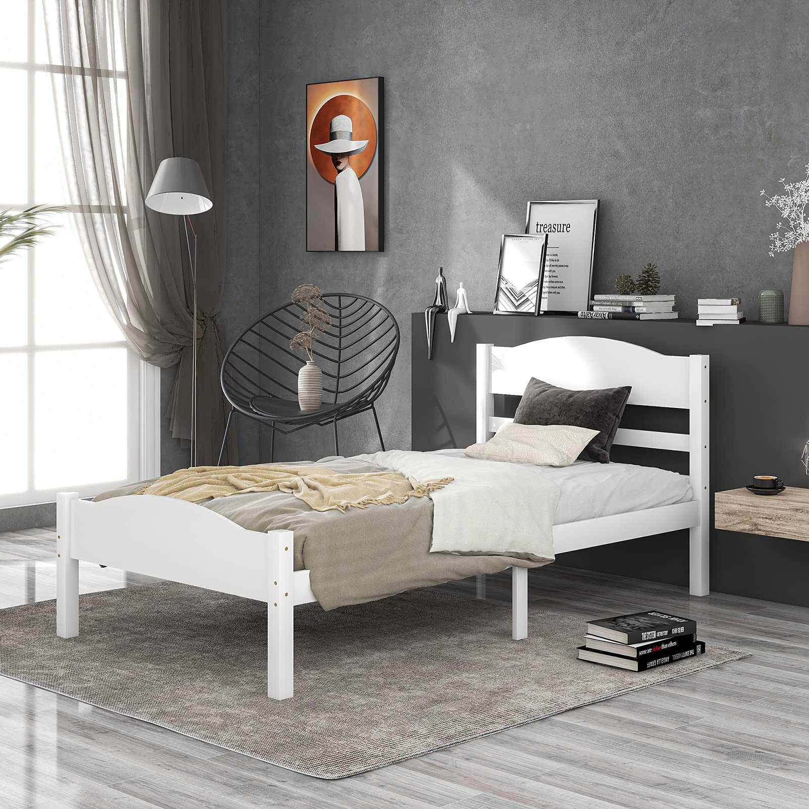 Modern Wood Platform Bed Frame with Horizontal Strip Hollow Headboard & Footboard - Twin Size, White - Sturdy Center Support & Wooden Slats, No Box Spring Needed - Perfect for Kids, Teens & Adults Bedrooms, Guest Rooms & Dormitories