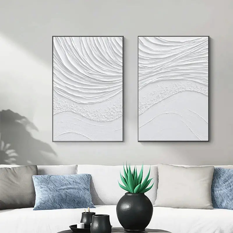 Modern White Minimalist Textured Canvas Wall Art Set of 2 - Abstract Handmade Paintings for Living Room, Bedroom & Office Decor | #MM062