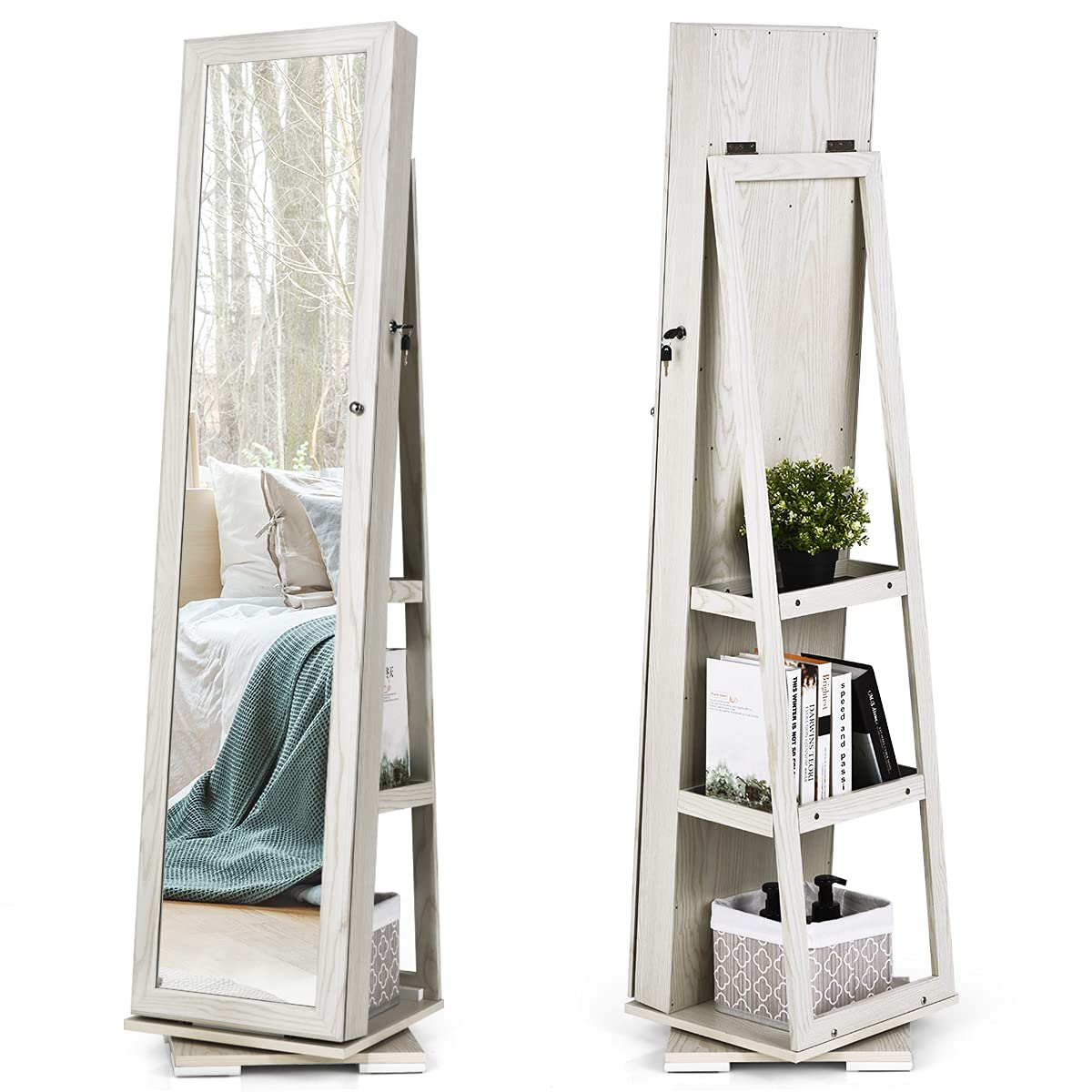 OFFICEJOY 360° Rotating Jewelry Armoire with Full Length Mirror - Lockable Standing Jewelry Cabinet Organizer for Rings, Earrings & Cosmetics - Includes Inside Makeup Mirror - Perfect for Bedroom, Closet & Dressing Room (White)