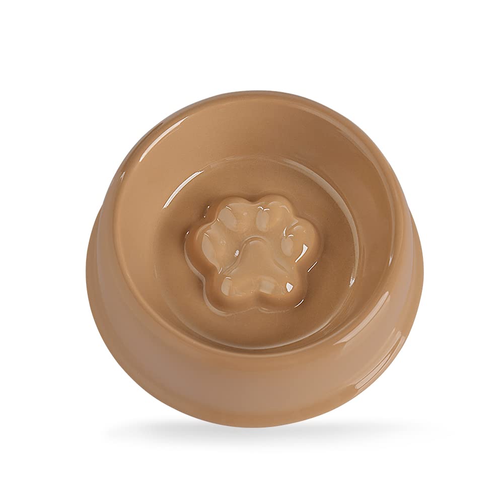 Sweejar Ceramic Small Dog Bowl with Paw Print Design - 9.5oz Slow Feeder Pet Food Dish & Water Bowl for Puppies - Durable Porcelain Pet Bowl for Mealtime (Brown) - Perfect for Small Breed Dogs, Slow Eating Training, and Home Feeding Stations
