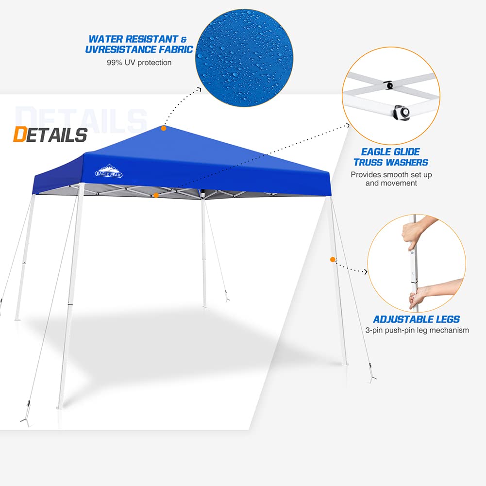 EAGLE PEAK 10x10 Slant Leg Pop-Up Canopy Tent - Easy One-Person Setup, Instant Outdoor Shade Shelter for Beach, Camping, Picnics & Sports Events - Portable Folding Canopy with 10x10 Base & 8x8 Top (Blue)