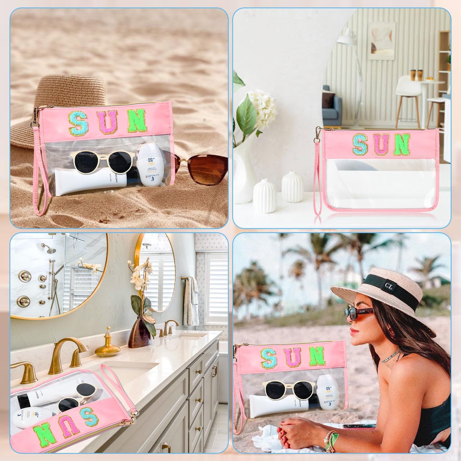 SOIDRAM SUN Bag Chenille Letter Makeup Bag - Clear Travel Zipper Nylon Cosmetic Pouch Organizer for Sunscreen & Toiletries | Waterproof Summer Travel Gifts for Women | Perfect for Beach Trips, Gym & Daily Essentials Storage