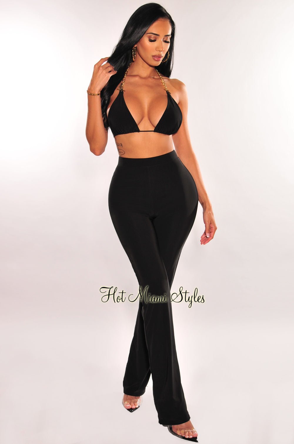 Black Gold Chain Triangle Top & High Waist Palazzo Pants 2-Piece Set - Women's Fashion Outfit for Party, Club, or Date Night