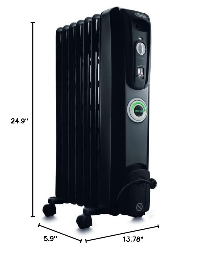 De'Longhi EW7707CB 1500W Oil Filled Radiator Heater - Portable Electric Space Heater for Indoor Use, Energy Efficient Room Heater with Safety Features for Office, Bedroom & Home - Perfect for Winter Warmth & Energy Savings