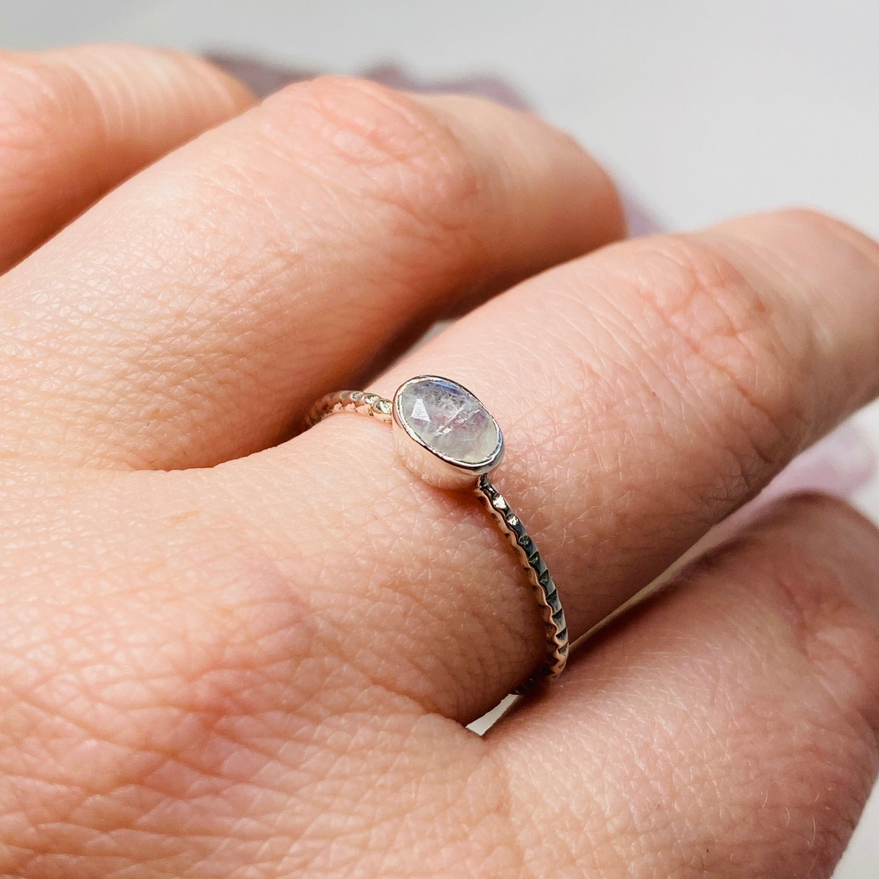 Moonstone Oval Faceted Fine Band Ring - Sterling Silver 925, Dainty Minimalist Jewelry for Women, Perfect for Everyday Wear & Special Occasions