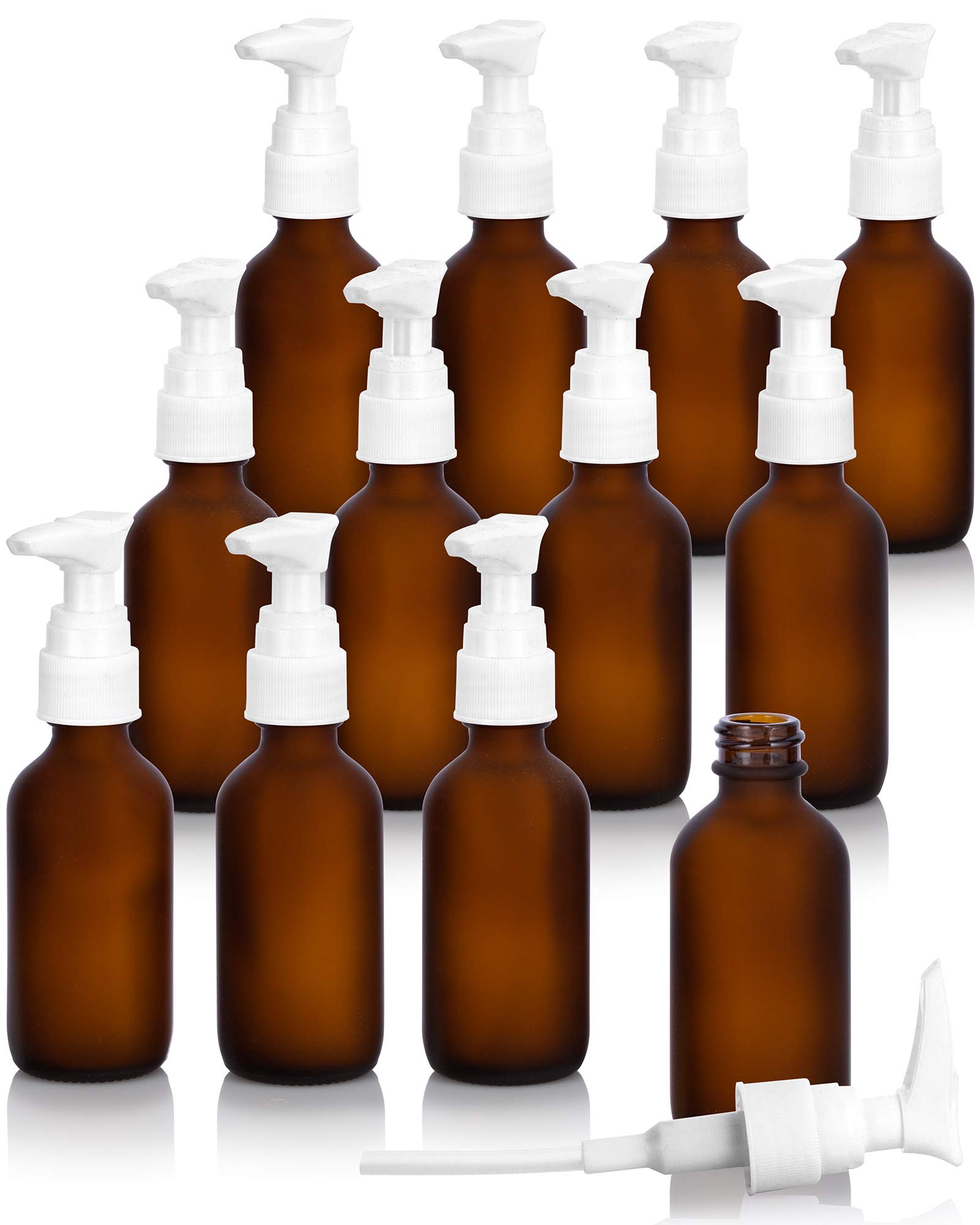 JUVITUS 12 Pack 2 oz (60 ml) Empty Frosted Amber Glass Boston Round Bottles with White Lotion Pump - Refillable Dispenser for Essential Oils, Lotions, Serums | Perfect for DIY Skincare, Travel Size Products & Home Organization