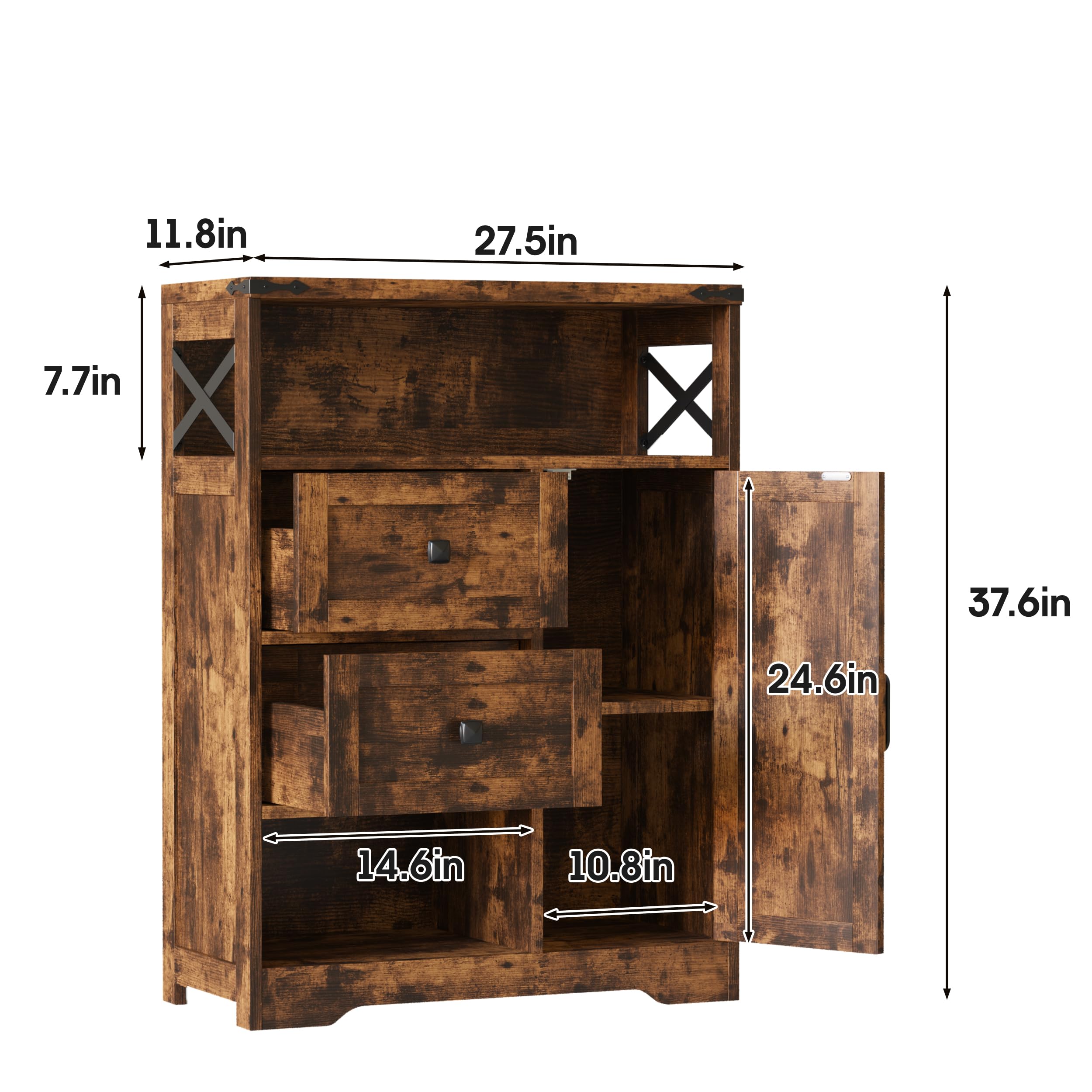 Farmhouse Storage Cabinet with 2 Drawers & Open Shelves - Freestanding Organizer for Living Room, Bathroom, Kitchen & Laundry - Rustic Brown Wooden Cabinet for Home Organization & Decor