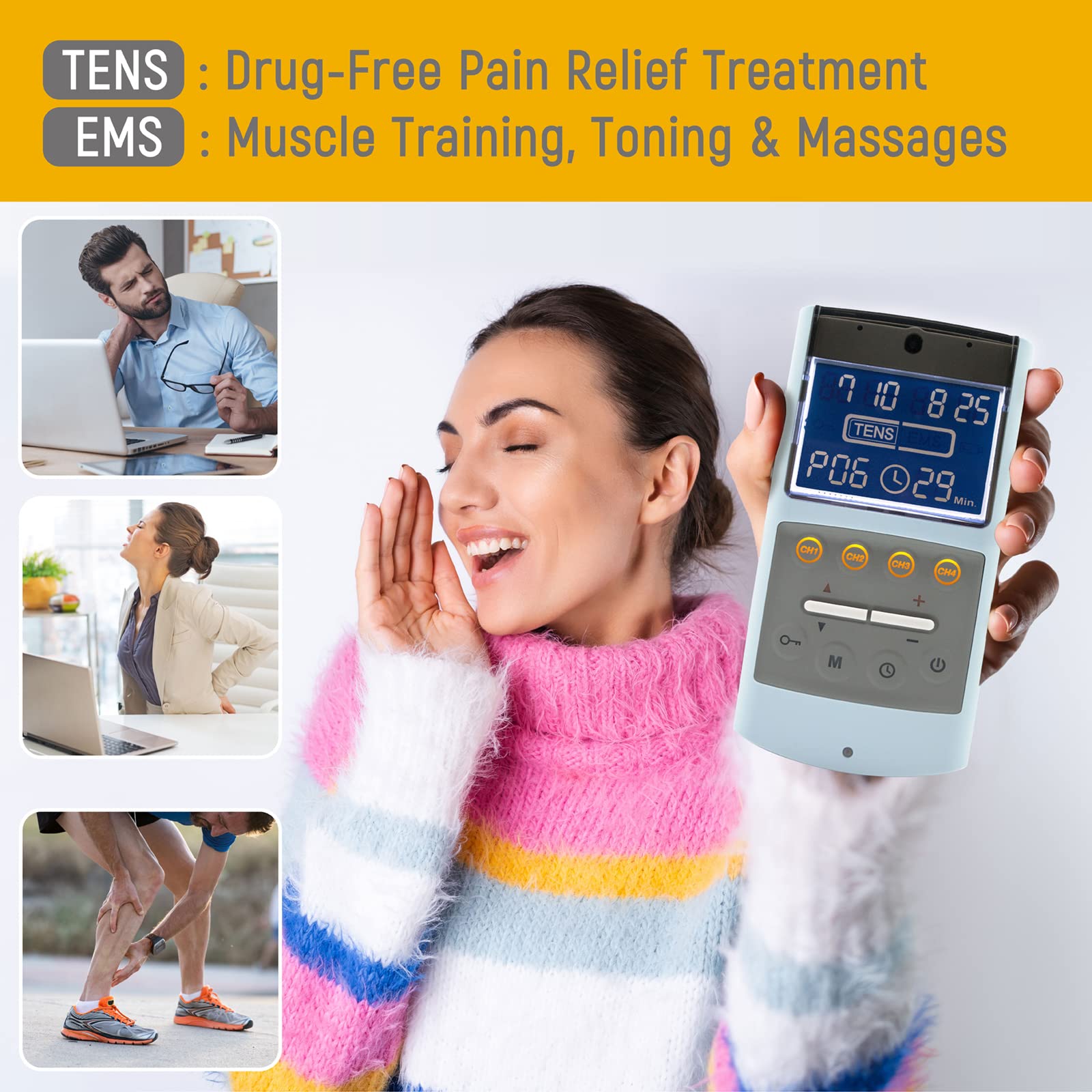 iStim TENS EMS Muscle Stimulator - EV-906 Pain Relief Device with Japanese Gelled Electrodes for Back Pain, Muscle Recovery & Strength Training - Perfect for Home Therapy, Sports Injury & Post-Workout Recovery