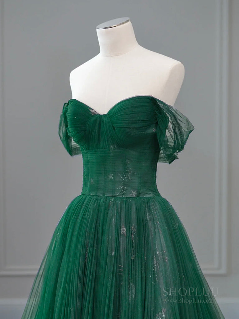 Elegant A-Line Off Shoulder Tulle Lace Green Long Prom Dress | Formal Evening Gown for Women | Perfect for Homecoming, Wedding Guest & Special Occasions