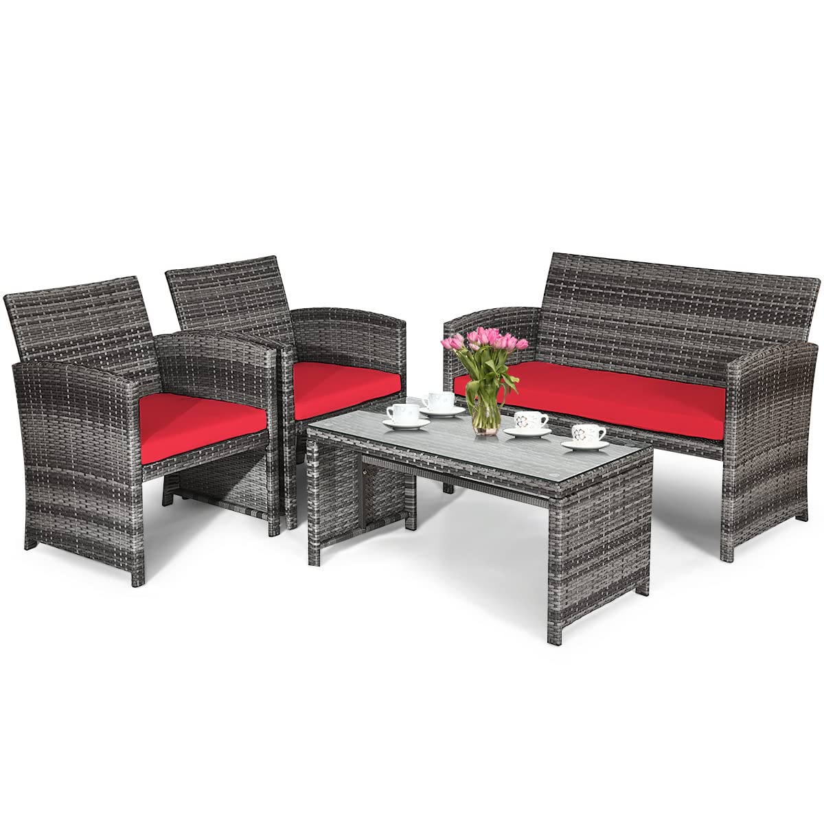 **HAPPYGRILL 4-Piece Patio Conversation Set with Soft Cushions - PE Wicker Rattan Sofa Chairs & Coffee Table - Outdoor Furniture for Garden, Poolside, Porch, Backyard (Perfect for Relaxing & Entertaining)**