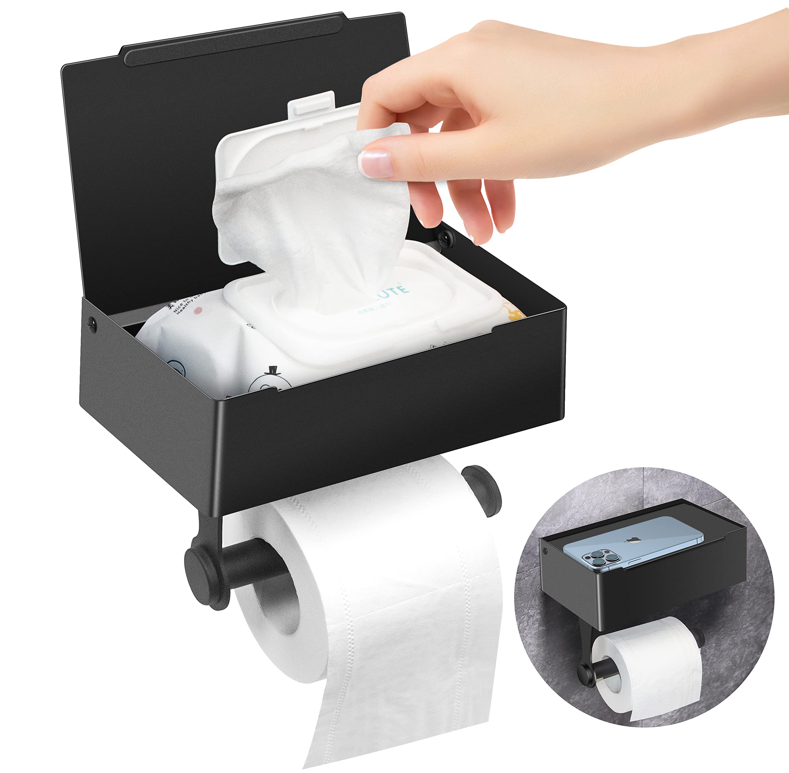 Matte Black Toilet Paper Holder with Storage Shelf - Wall Mount Bathroom Tissue Dispenser & Flushable Wipes Organizer - Space Saving Solution for Small Bathrooms, RVs and Powder Rooms