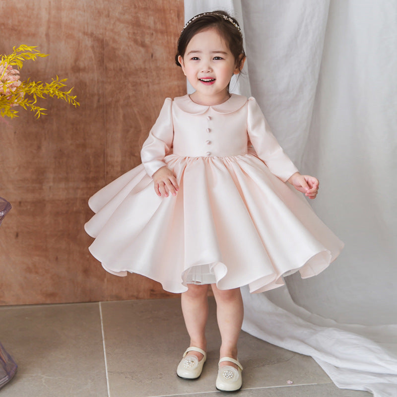 Pink Long Sleeve Baby Girl Dress with Doll Collar - Elegant Puffy Princess Party Outfit for Birthday, Photo Shoot & Special Occasions