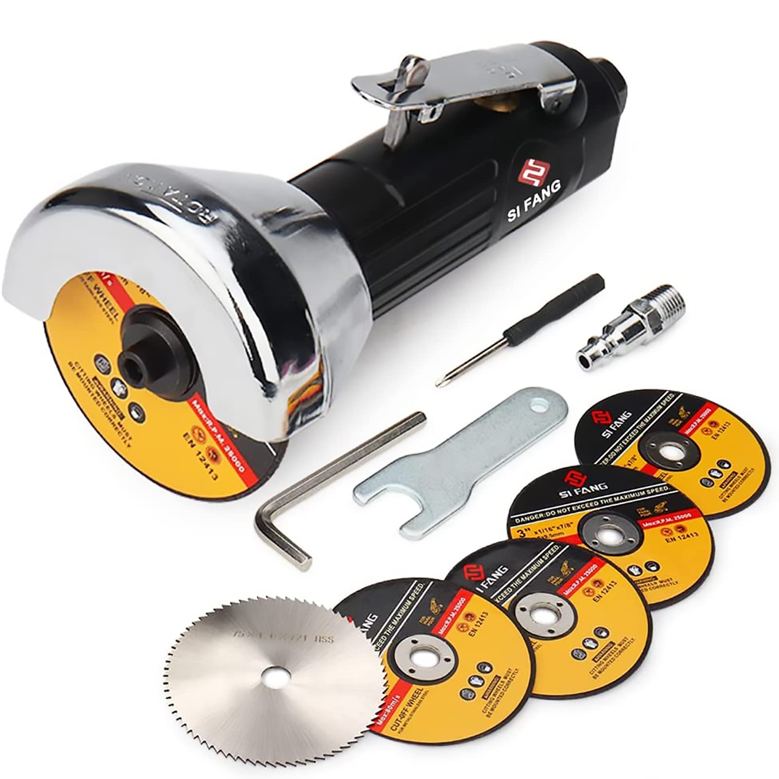 SI FANG 3 Inch Air Cut Off Tool Kit with 5Pcs Grinding Wheels & HSS Saw Blade - 20000RPM Pneumatic Metal Cutter for Sheet Metal, DIY Projects & Auto Repair