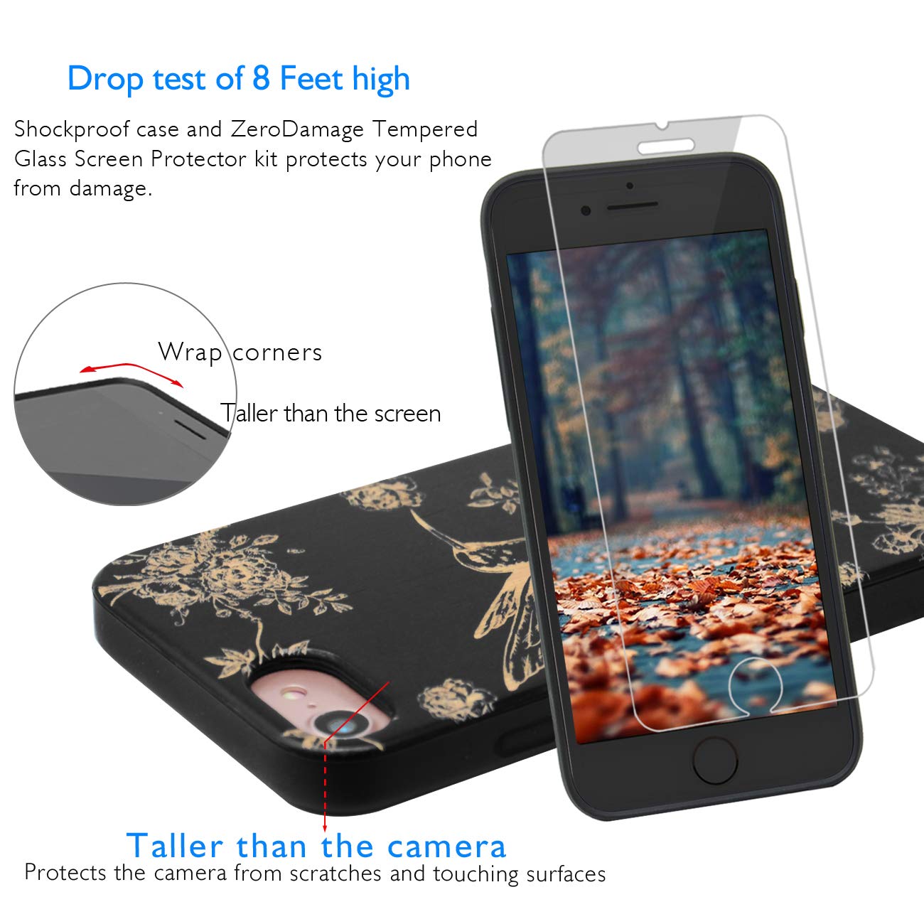 Premium Wooden Phone Case Compatible with iPhone 8 Plus/7 Plus/6 Plus/6S Plus - Black Bamboo Cover with Hummingbird Engraving & Built-in Metal Plate (5.5 Inch) + Free Screen Protector | Eco-Friendly Protective Case for Daily Use, Travel & Outdoor Activities