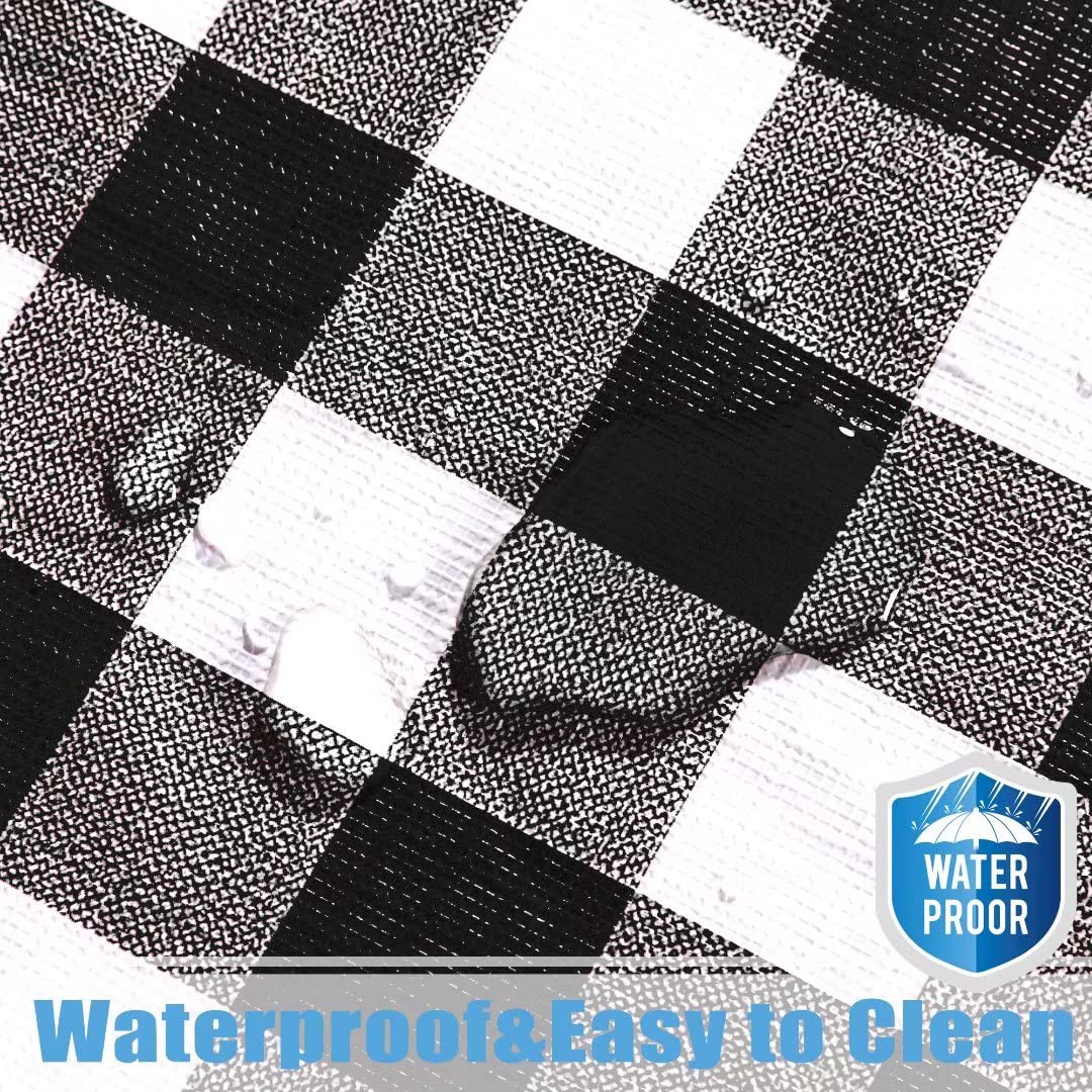 Fitable Vinyl Round Elastic Tablecloth with Flannel Backing - Waterproof Plaid Picnic Table Cover for Indoor & Outdoor Use, Black & White (Fits 57