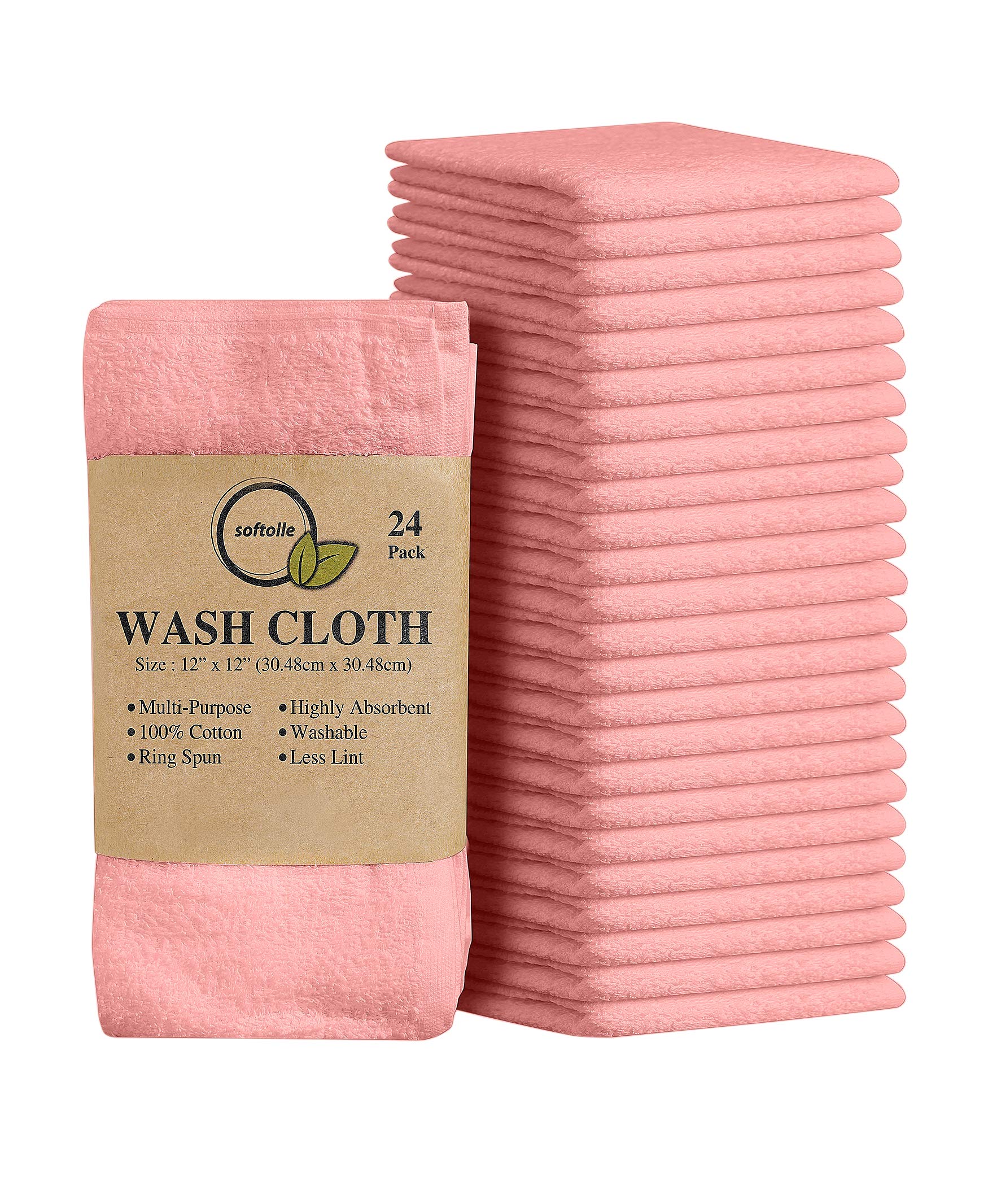 Softolle 100% Cotton Ring Spun Washcloths - Bulk Pack of 24 (12x12 Inches) - Ultra Soft & Highly Absorbent Face Towels for Daily Skincare & Makeup Removal - Perfect for Bath, Spa & Baby Care (Pink)