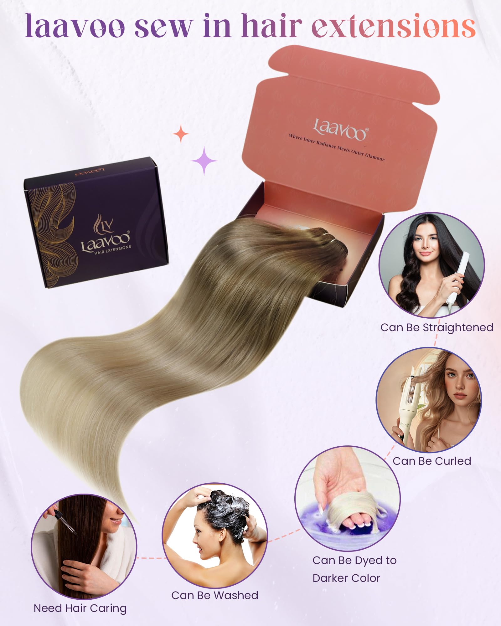 LaaVoo 18 Inch Human Hair Weft Extensions - 100g Soft Straight Sew-in Hair (Light Brown to Platinum Blonde Balayage Ash Blonde) | Natural Ombre Brown Hair Extensions for Styling & Volume | Perfect for Parties, Weddings & Everyday Wear