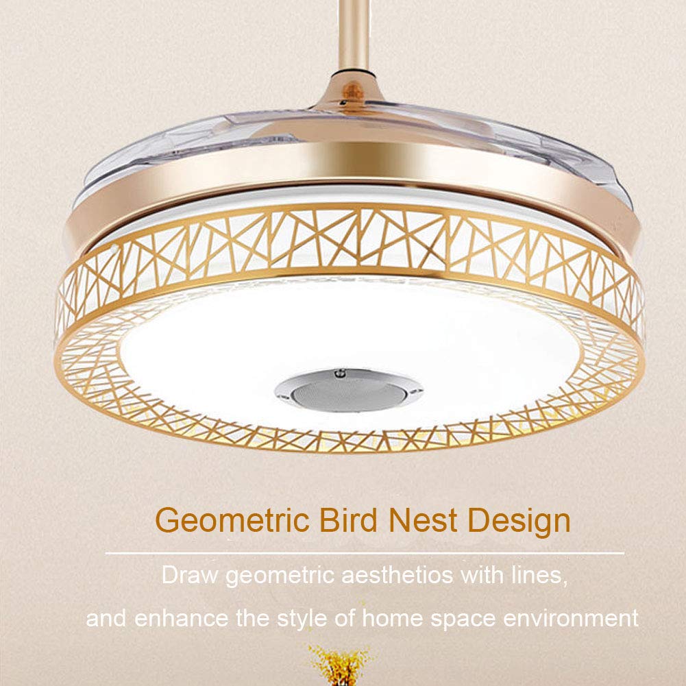 42 Inch Retractable Ceiling Fan with Light & Remote Control - Modern Bluetooth Music Invisible Chandelier Fan, 3 Speed Settings & 3 Light Levels - Perfect for Bedroom, Living Room & Dining Room - Energy Efficient Cooling & Ambient Lighting Solution