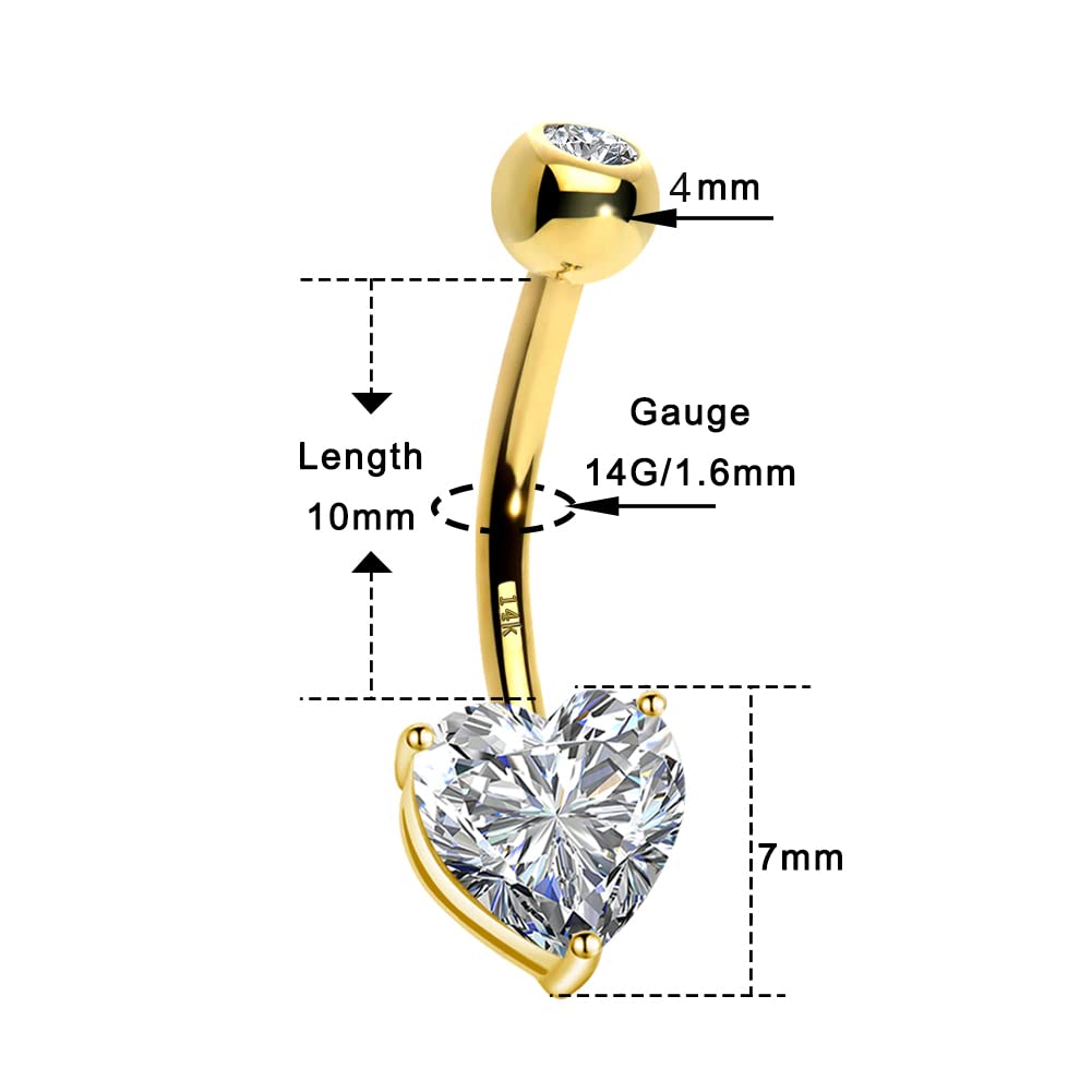 14K Solid White Gold Belly Button Rings with Heart Solitaire Cubic Zirconia - OUFER Body Piercing Jewelry for Women - Perfect for Everyday Wear, Parties & Beach Outfits