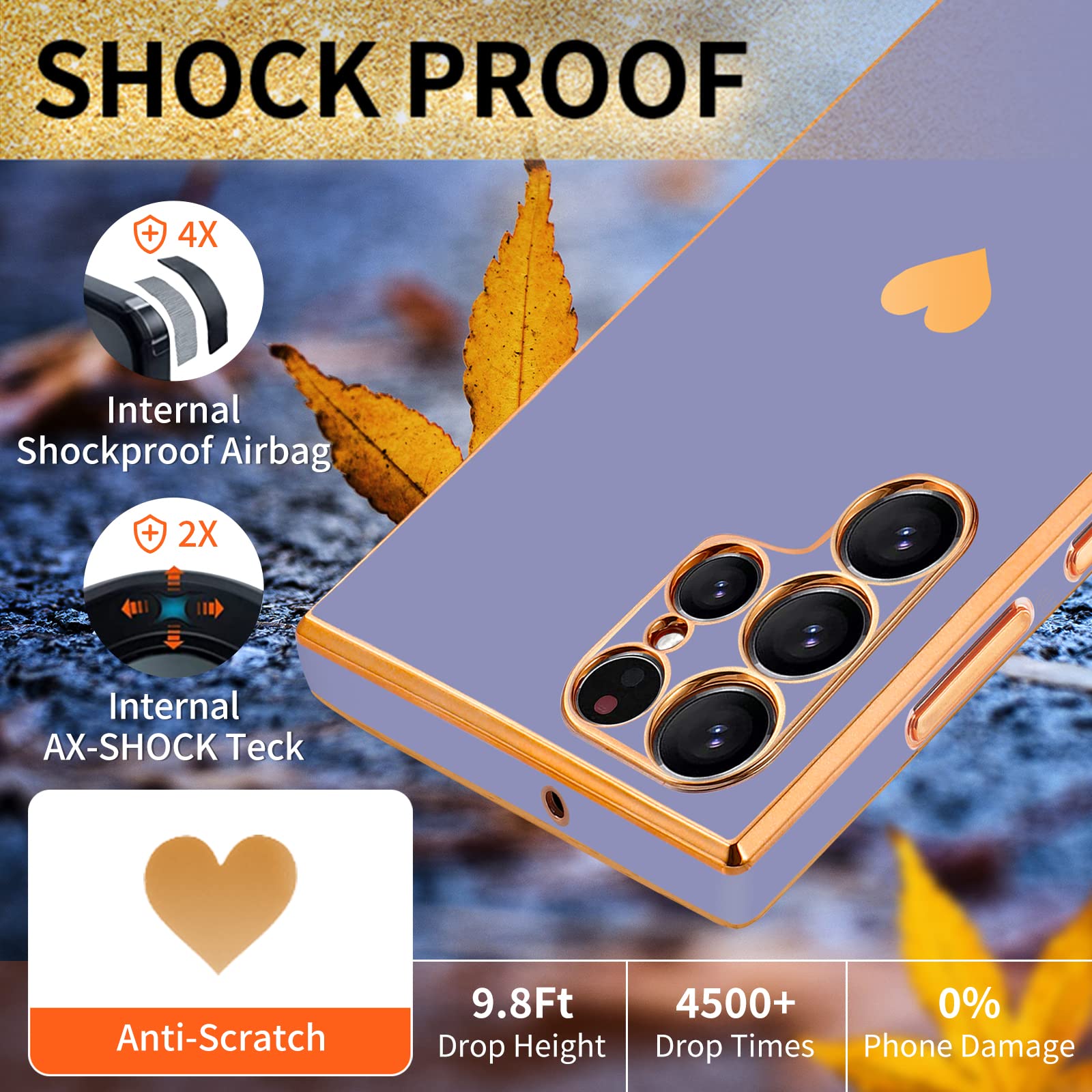 3-in-1 Heart Pattern Luxury Phone Case for Samsung Galaxy S22 Ultra - Cute Aesthetic Love Design with Screen Protector & Chain (Black Gold/Dark Blue) - Perfect Gift for Women & Girls, Trendy Protection for Daily Use & Special Occasions