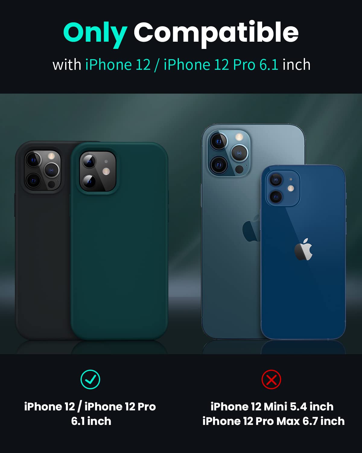 OuXul Liquid Silicone Gel Rubber Phone Case for iPhone 12/12 Pro (6.1 inch) - Slim Soft Protective Cover with Microfiber Lining | Shockproof & Scratch Resistant | Perfect for Daily Use, Work & Travel (Blackish Green)