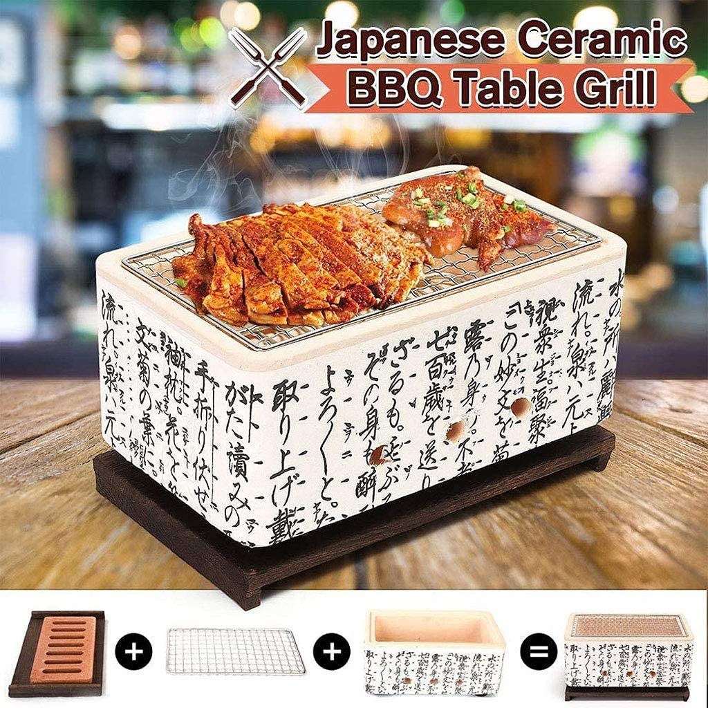 4-in-1 Japanese Ceramic Tabletop BBQ Grill - Mini Charcoal Grill & Stove for 2-3 People, Portable Outdoor Cooking (24x14.5x11cm) - Perfect for Camping, Picnics, Backyard Parties & Small Gatherings