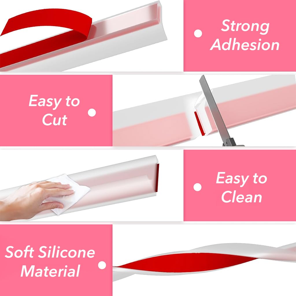 HASTHIP® 39 Inch Flexible Self-Adhesive Silicone Shower Threshold Water Dam - Splash Guard for Kitchen Countertop, Sink, Cooktop & Bathroom Tub - Prevent Water Leaks & Spills (Perfect for Wet Areas & Floor Protection)