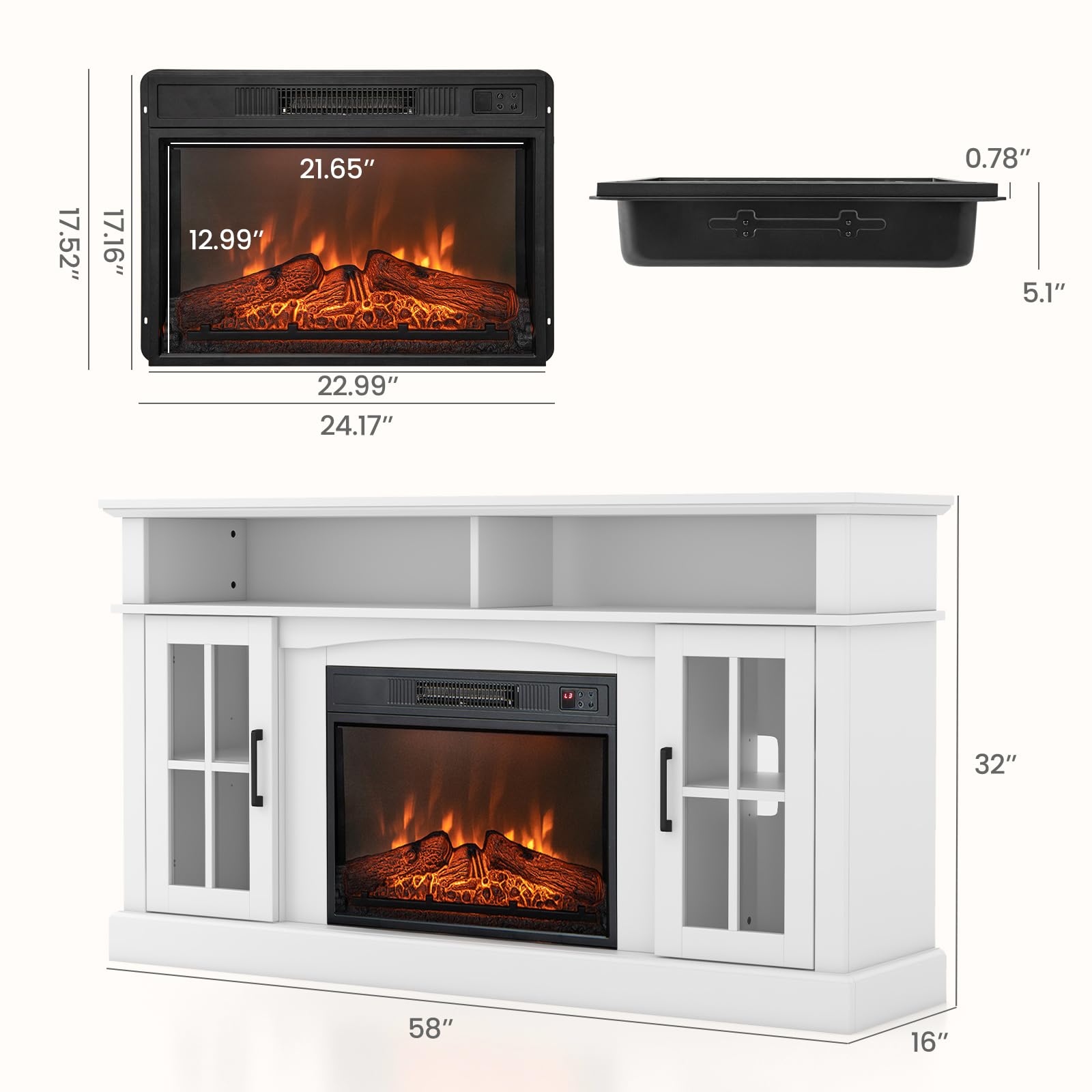 Tangkula 65 Inch Electric Fireplace TV Stand with Remote Control - Overheat Protection, 3-Level Adjustable Brightness, 23