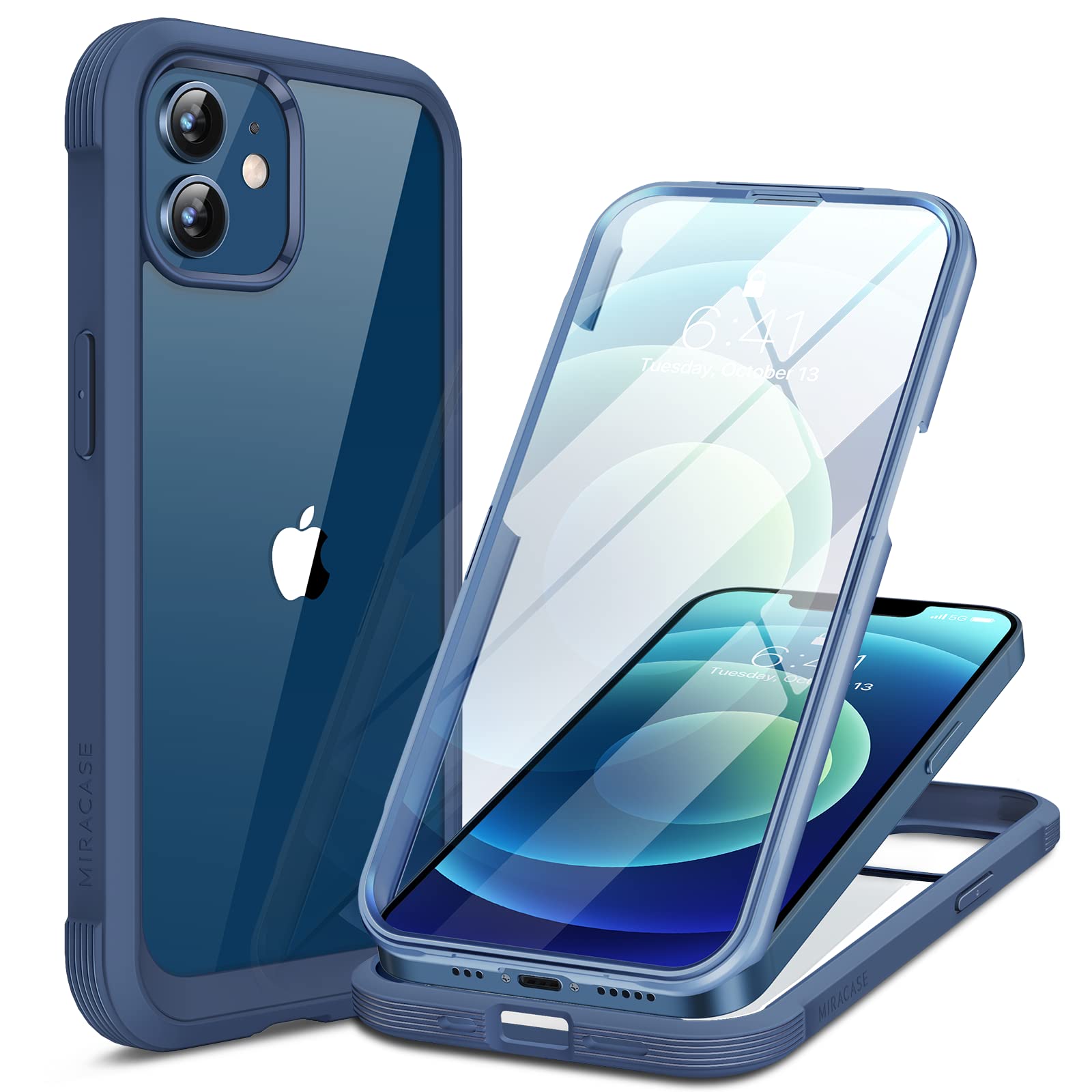 Miracase iPhone 12/12 Pro 6.1 inch Case (2020) - Full Body Clear Bumper with 9H Tempered Glass Screen Protector, Dark Blue - Shockproof Protection for Everyday Use, Work & Travel